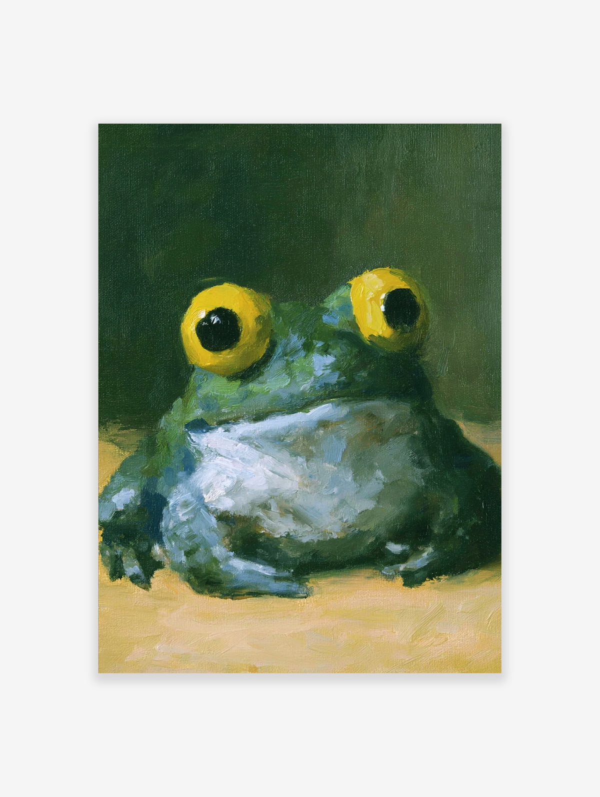 Painterly frog wall art with large yellow eyes and green textured skin against a dark background