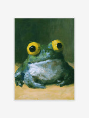 Painterly frog wall art with large yellow eyes and green textured skin against a dark background
