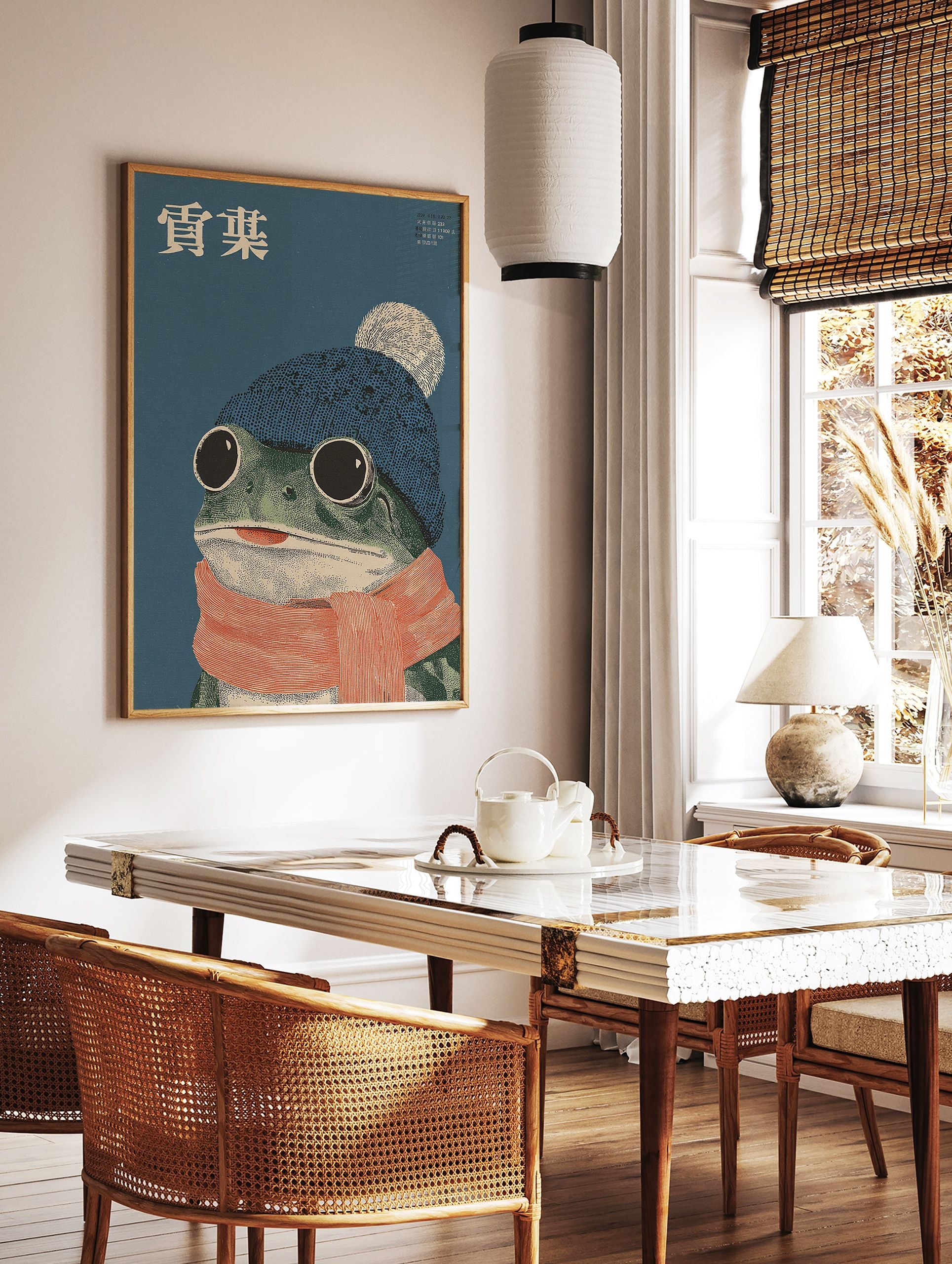 Whimsical frog wall art illustration with a frog wearing a blue beanie, white pom-pom, and orange striped scarf. - Image 2
