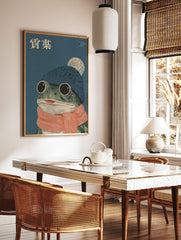 Whimsical frog wall art illustration with a frog wearing a blue beanie, white pom-pom, and orange striped scarf. - Image 2