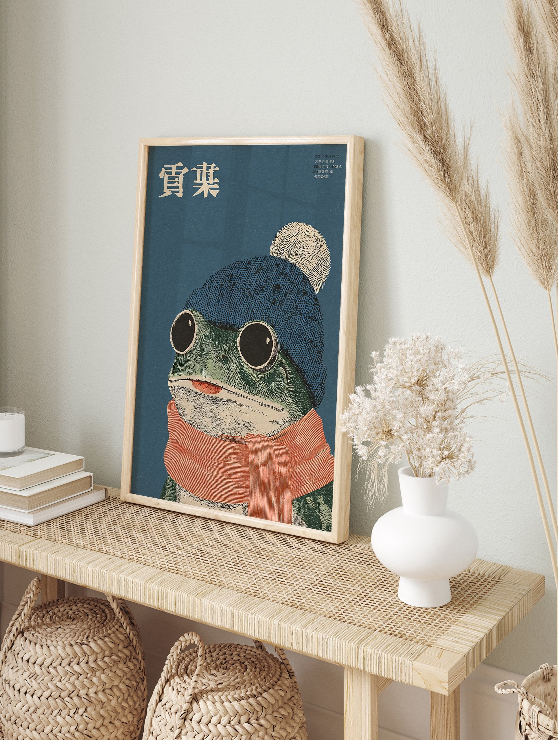 Whimsical frog wall art illustration with a frog wearing a blue beanie, white pom-pom, and orange striped scarf. - Image 3