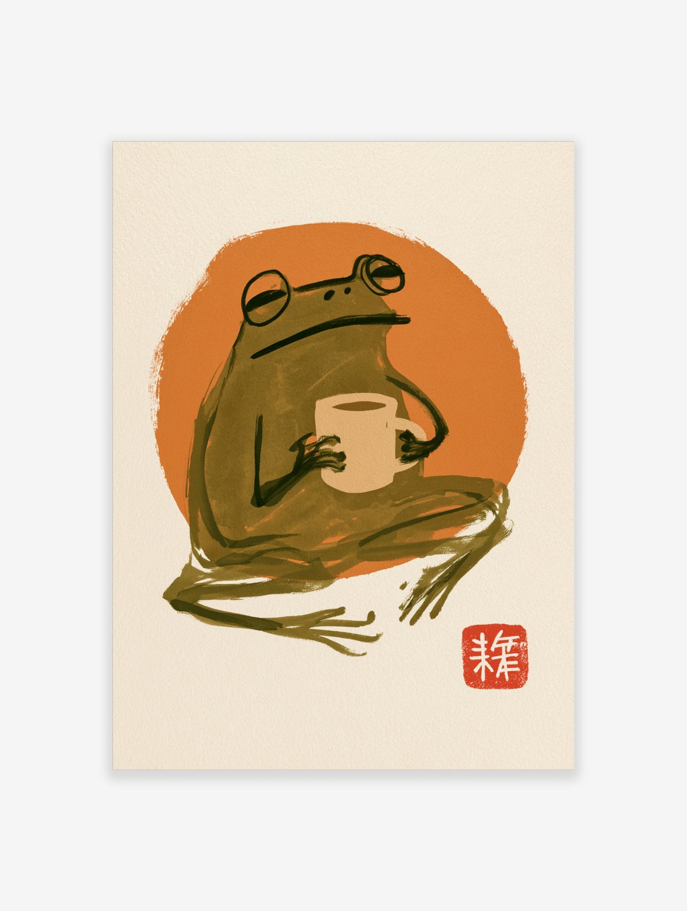 Minimalist illustration of a frog sitting and holding a mug against a large orange circle on a cream background