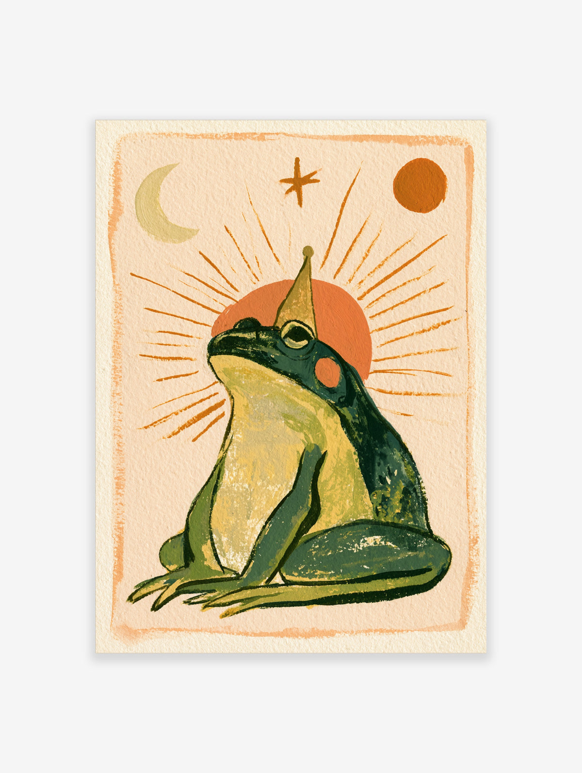 Green frog with gold crown sitting under red sun and crescent moon, illustrated poster