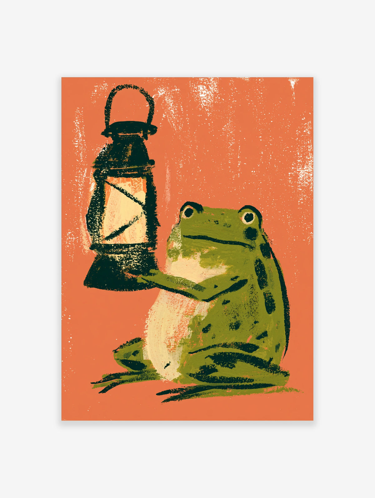 Green frog holding a dark lantern against a textured orange background, animal illustration art print