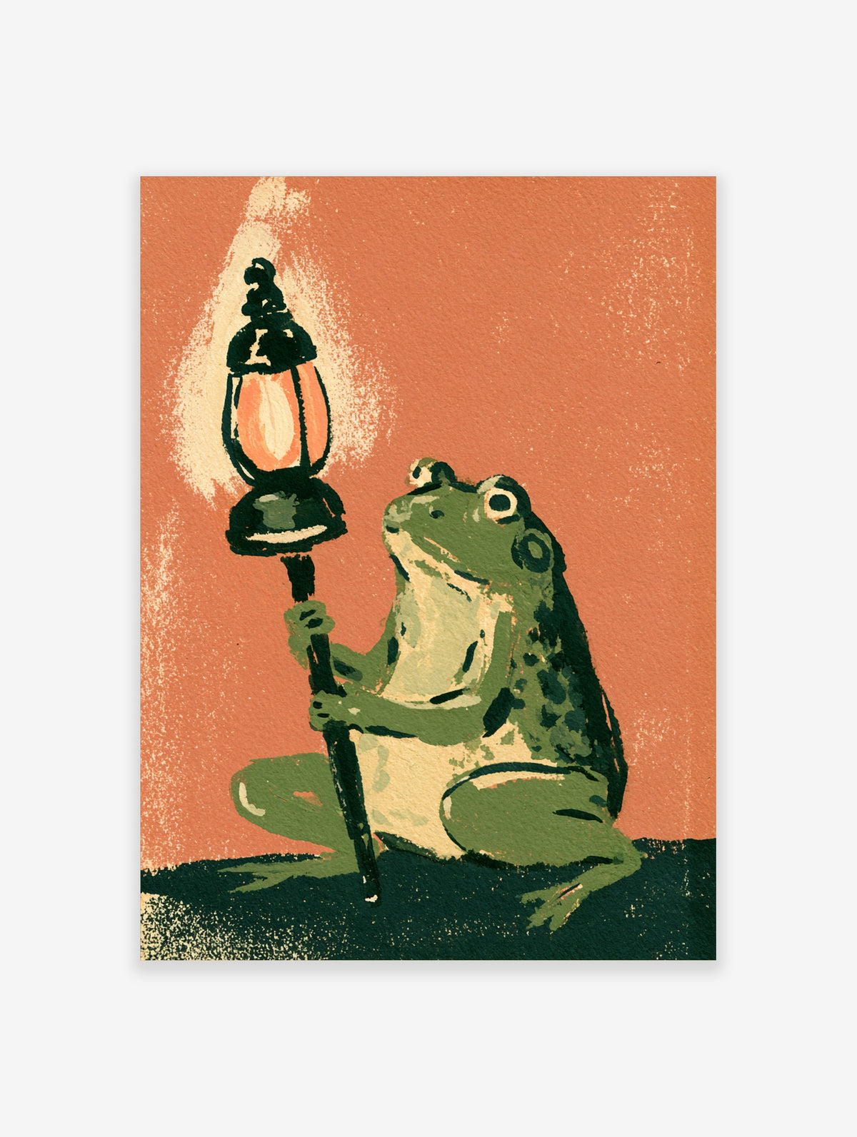 Green frog holding a lit black lantern against a textured orange background, animal poster art