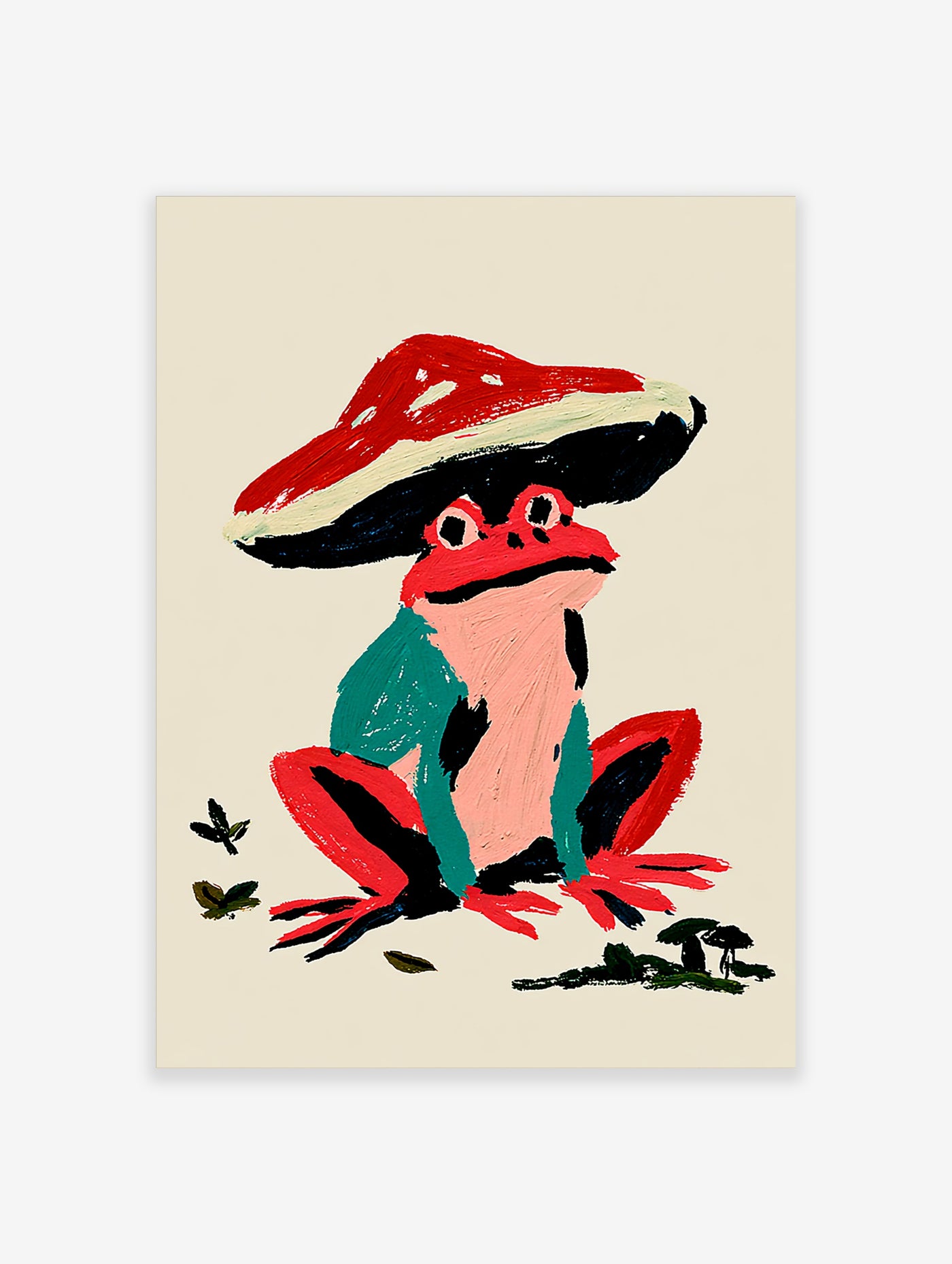 Frog with red mushroom hat, teal body, pink belly, on cream background, illustrative art print