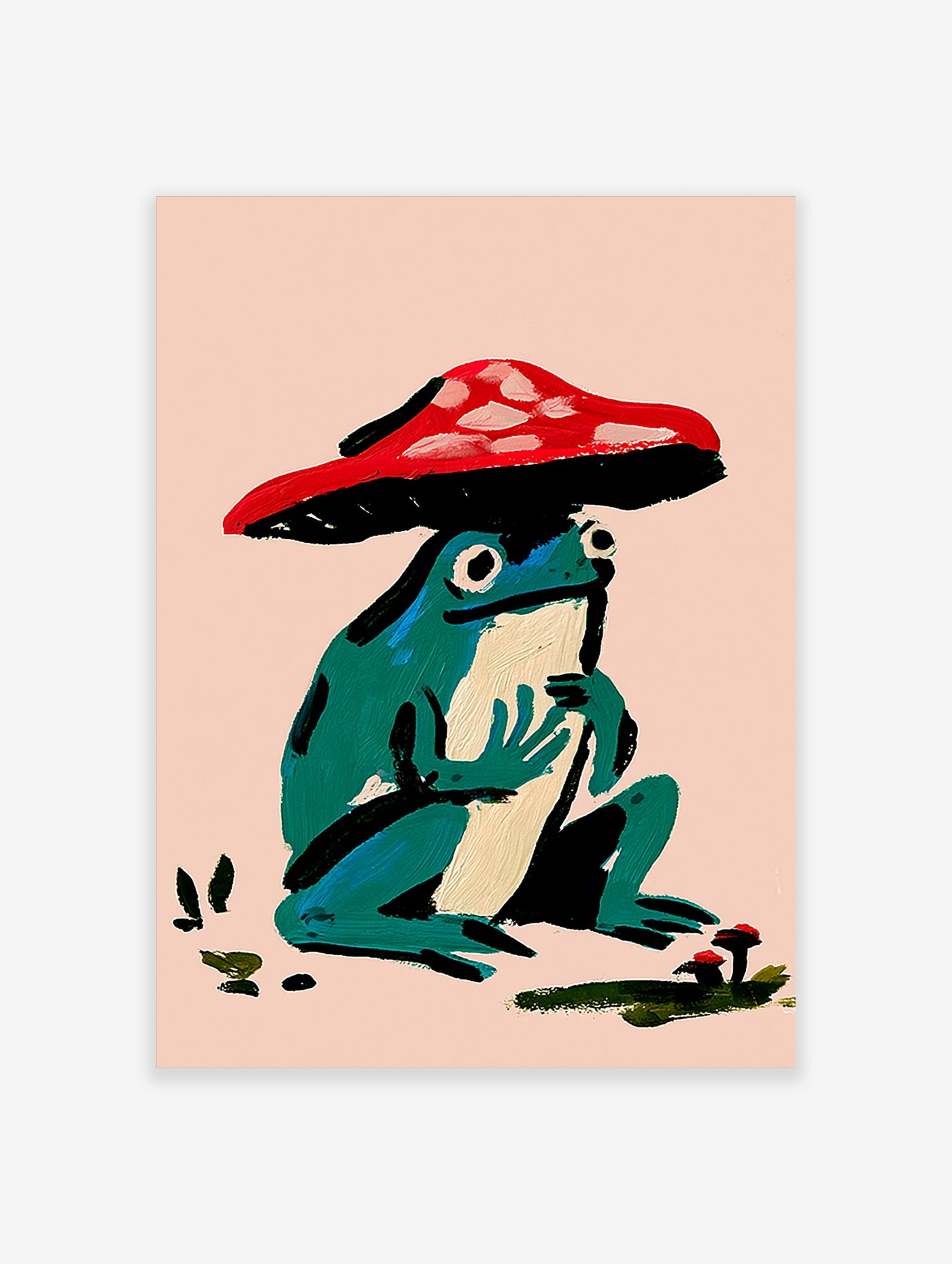 Teal frog with red mushroom hat illustration on beige background, quirky animal art print