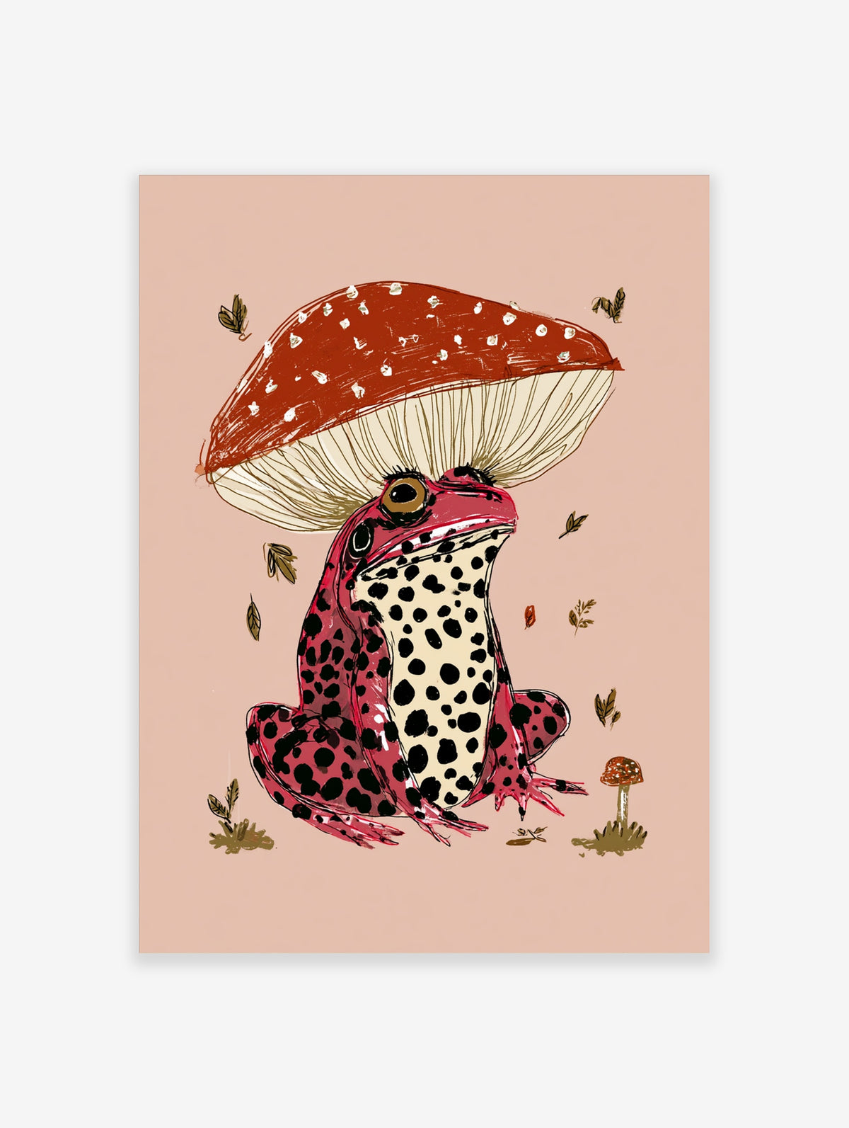 Pink frog with red mushroom hat and black spots, surrounded by leaves, on blush background, illustration art print