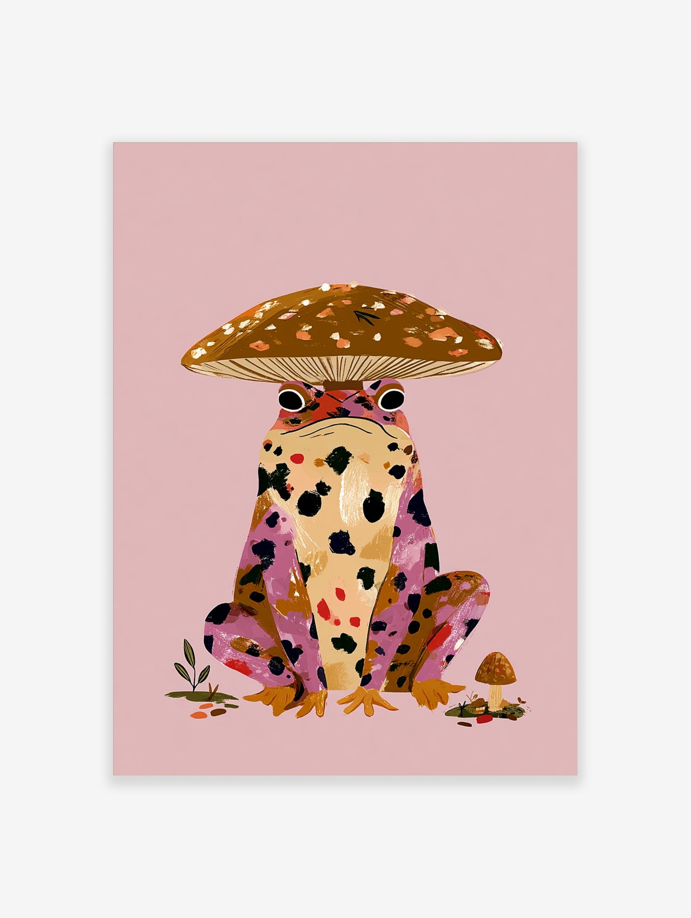 Whimsical frog wearing a spotted mushroom hat, pink background, illustrative animal art print