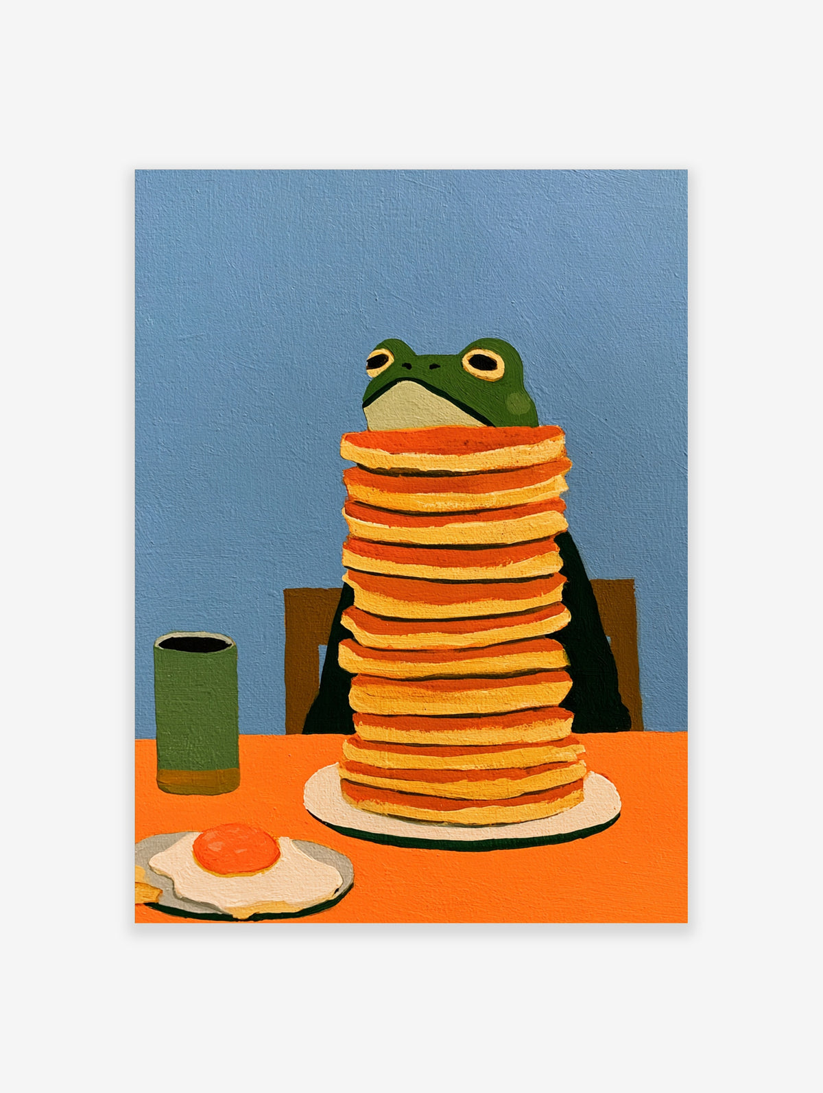 Green frog sitting with a tall stack of pancakes, a fried egg, and a mug on an orange table against a blue wall