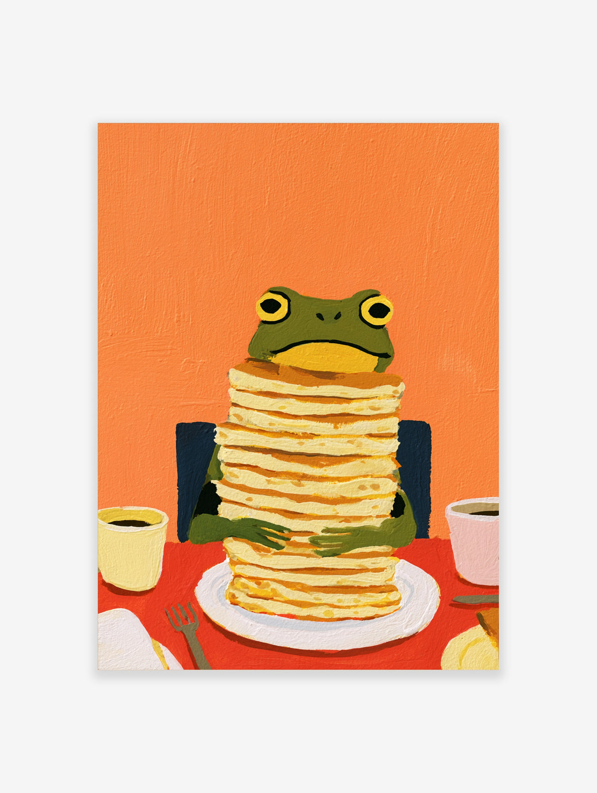 Illustration of a green frog holding a tall stack of pancakes at a red table with two mugs against an orange background