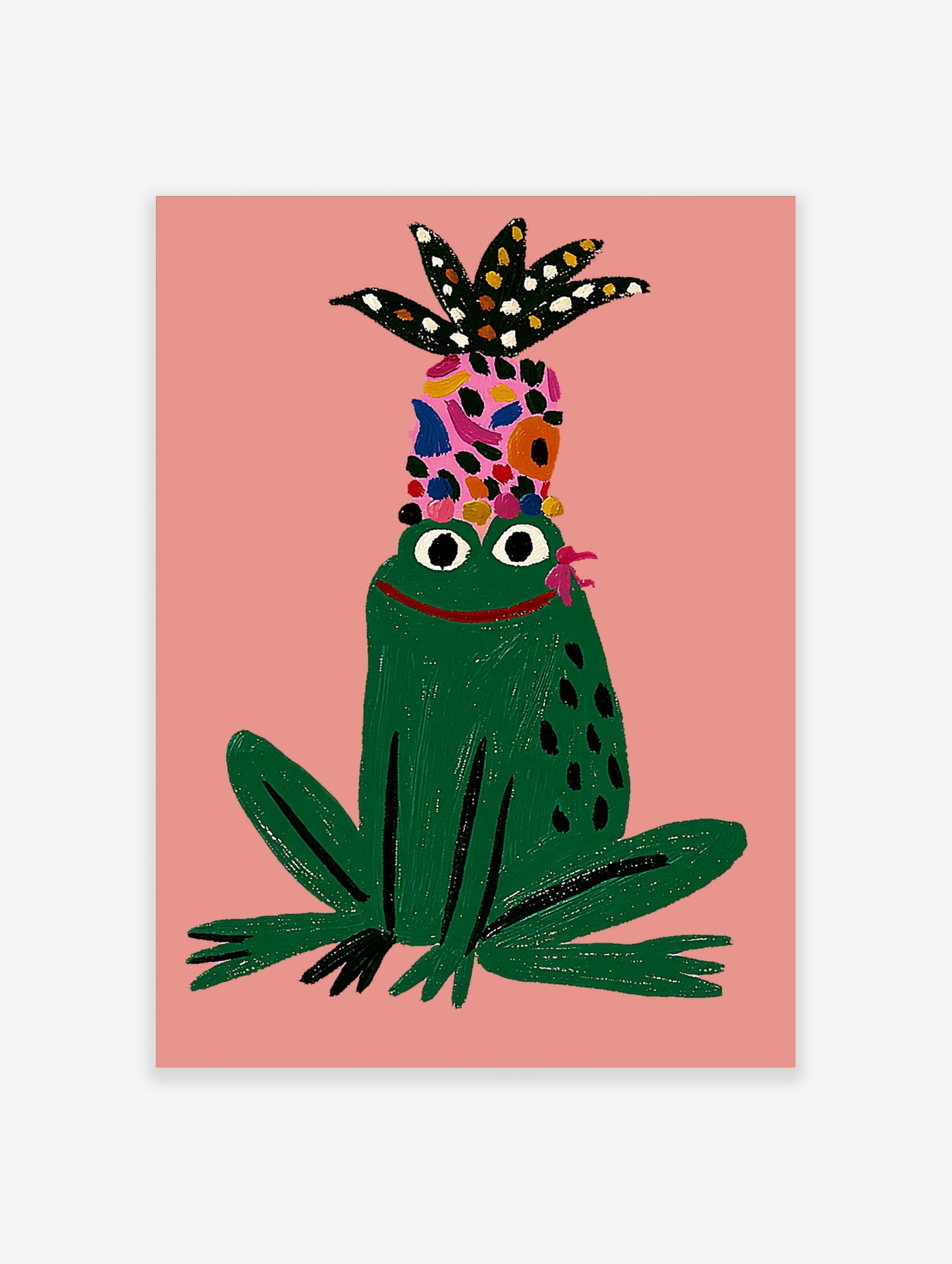 Green frog with pineapple hat illustration on pink background, colourful animal wall art print