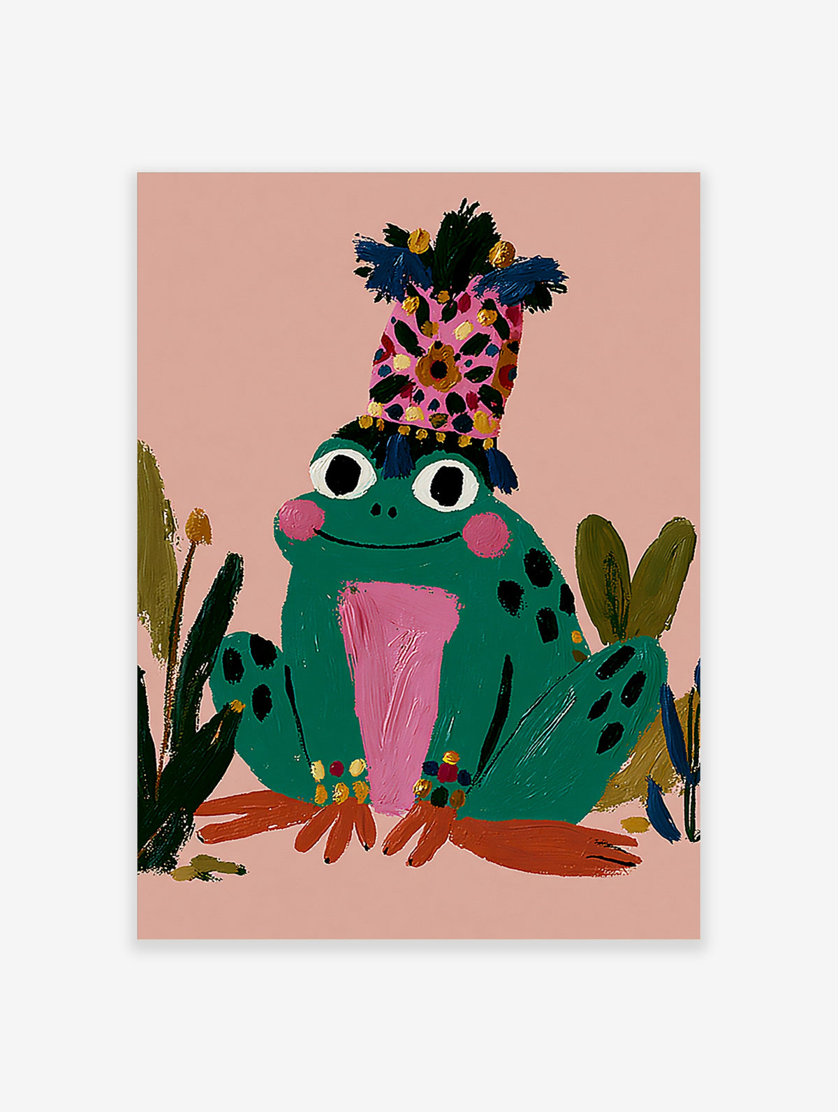 Whimsical green frog with pink hat and blue feathers, black spots, pink cheeks, sitting on pink background with plants