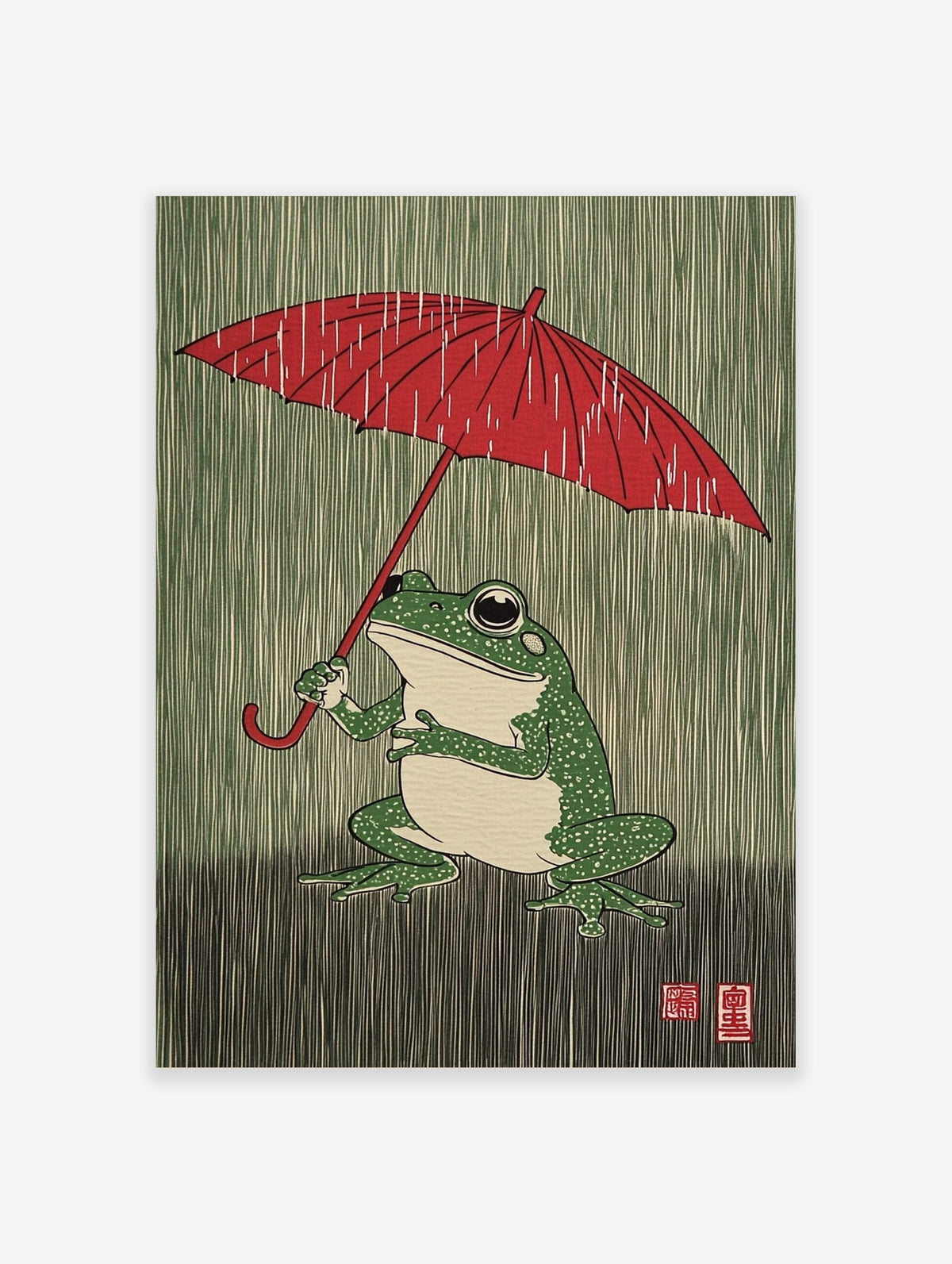 Illustrative print of a green frog holding a red umbrella with white rain streaks on a green background