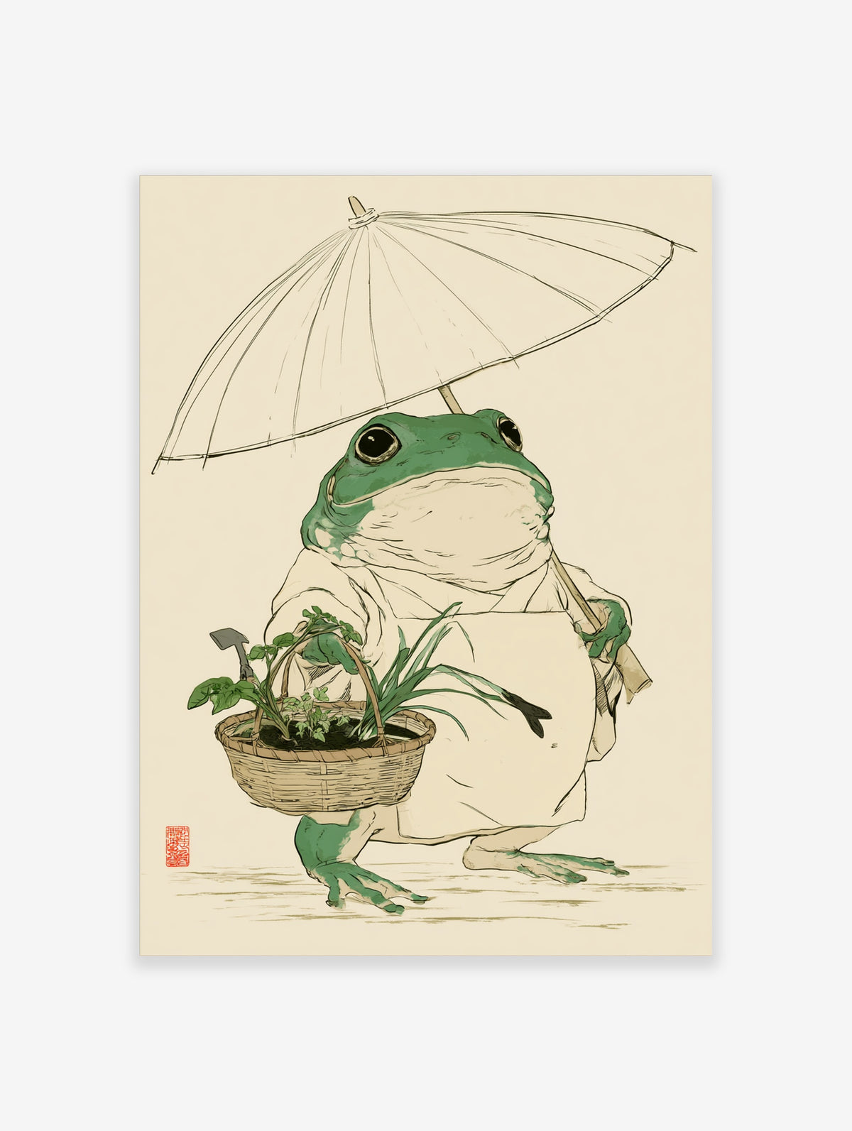 Green frog in robe holding basket of plants and umbrella, Japanese illustration style, red seal stamp