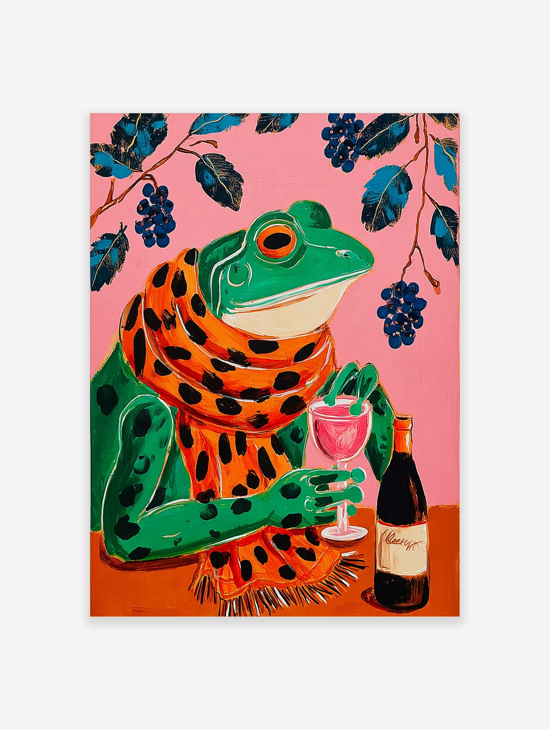 Illustrative wall art of a green frog in a polka-dot scarf, holding a wine glass on a pink background