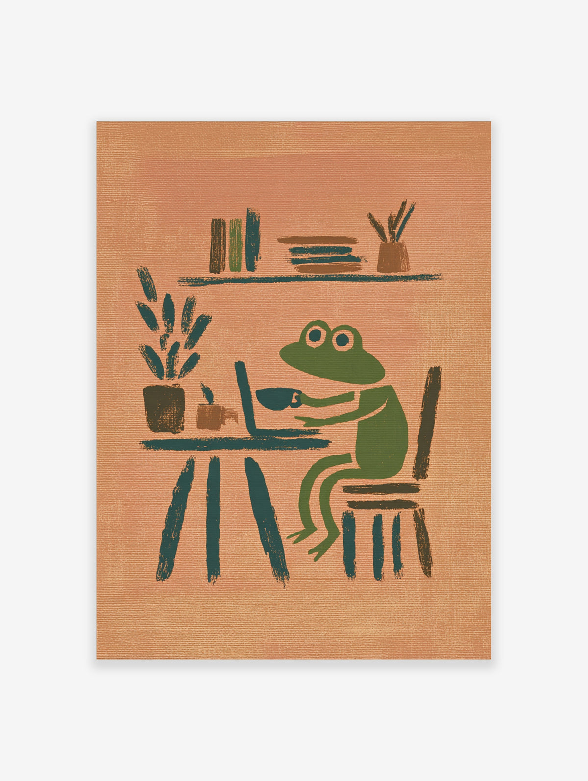 Green frog at desk with laptop and mug, plant and books on shelf, peach background illustration
