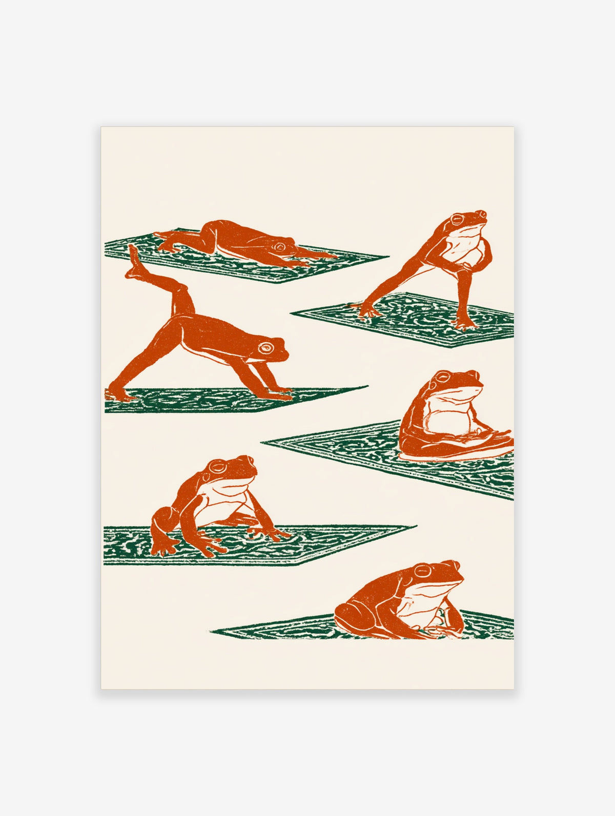Orange frog yoga poster with six frogs in poses on green patterned mats against a cream background