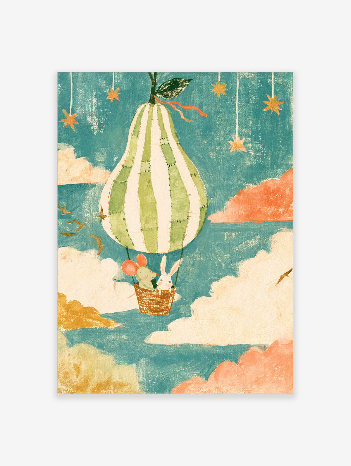 Whimsical animal poster of a striped pear balloon with mouse and rabbit in basket, teal sky and clouds