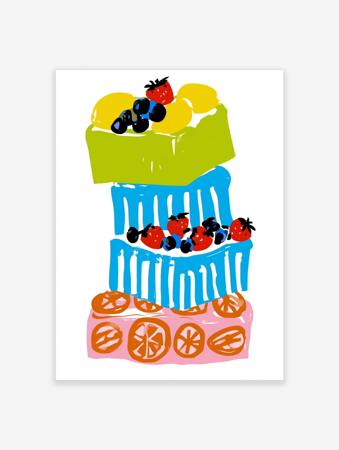 Colorful fruit cake stack illustration with lemons, strawberries, and orange slices on a white background