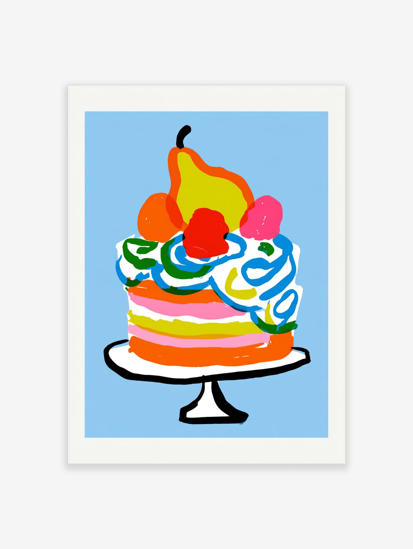 Illustrative fruit cake wall art with a pear and orange on a cake stand, vibrant painterly style on a light blue background