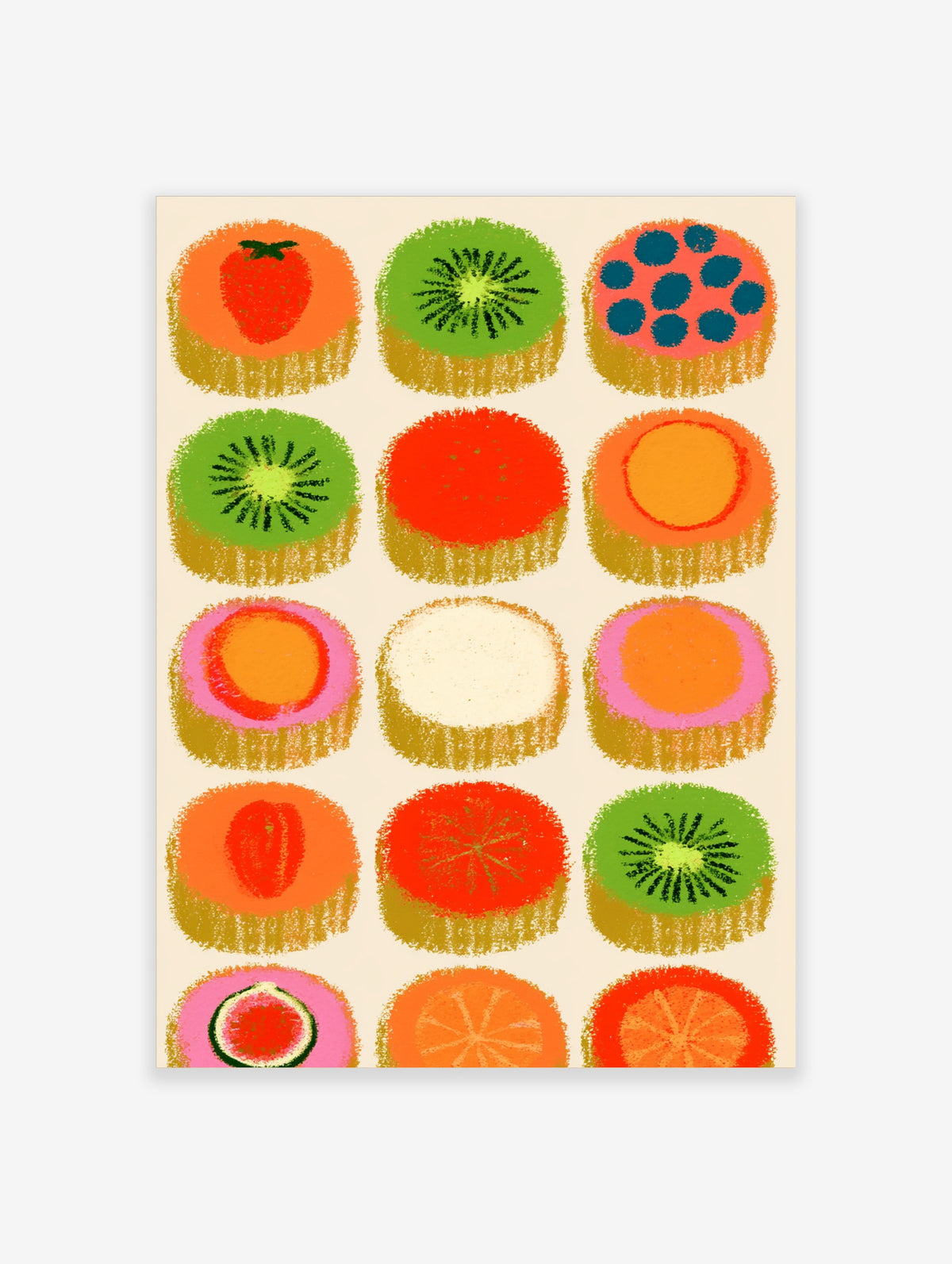 Colourful fruit cupcake poster with strawberry, kiwi, orange and blueberry toppings on cream background