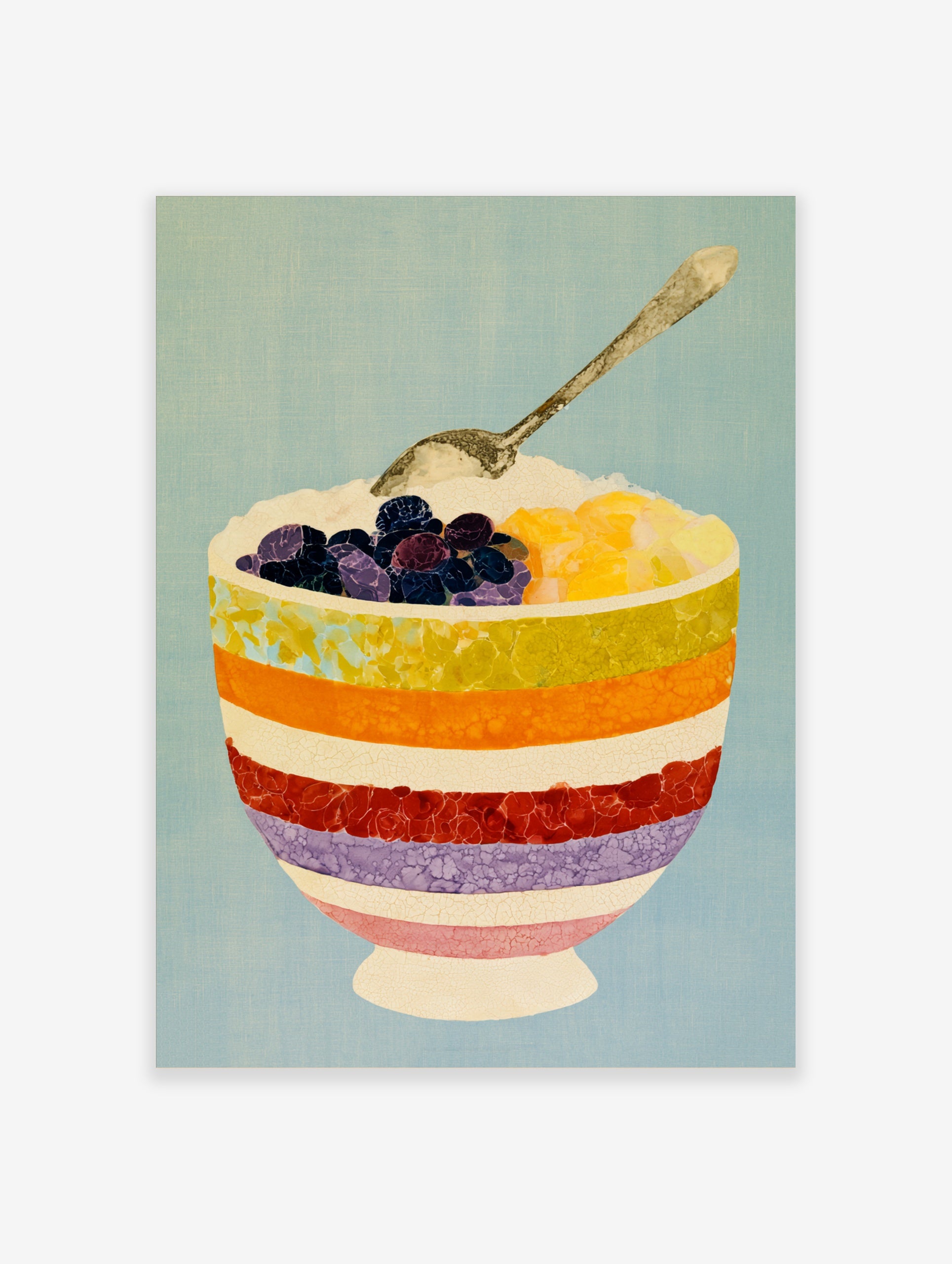 Illustrative art print of a striped bowl filled with berries and fruit, with a silver spoon, on a blue background