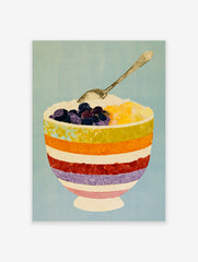 Illustrative art print of a striped bowl filled with berries and fruit, with a silver spoon, on a blue background