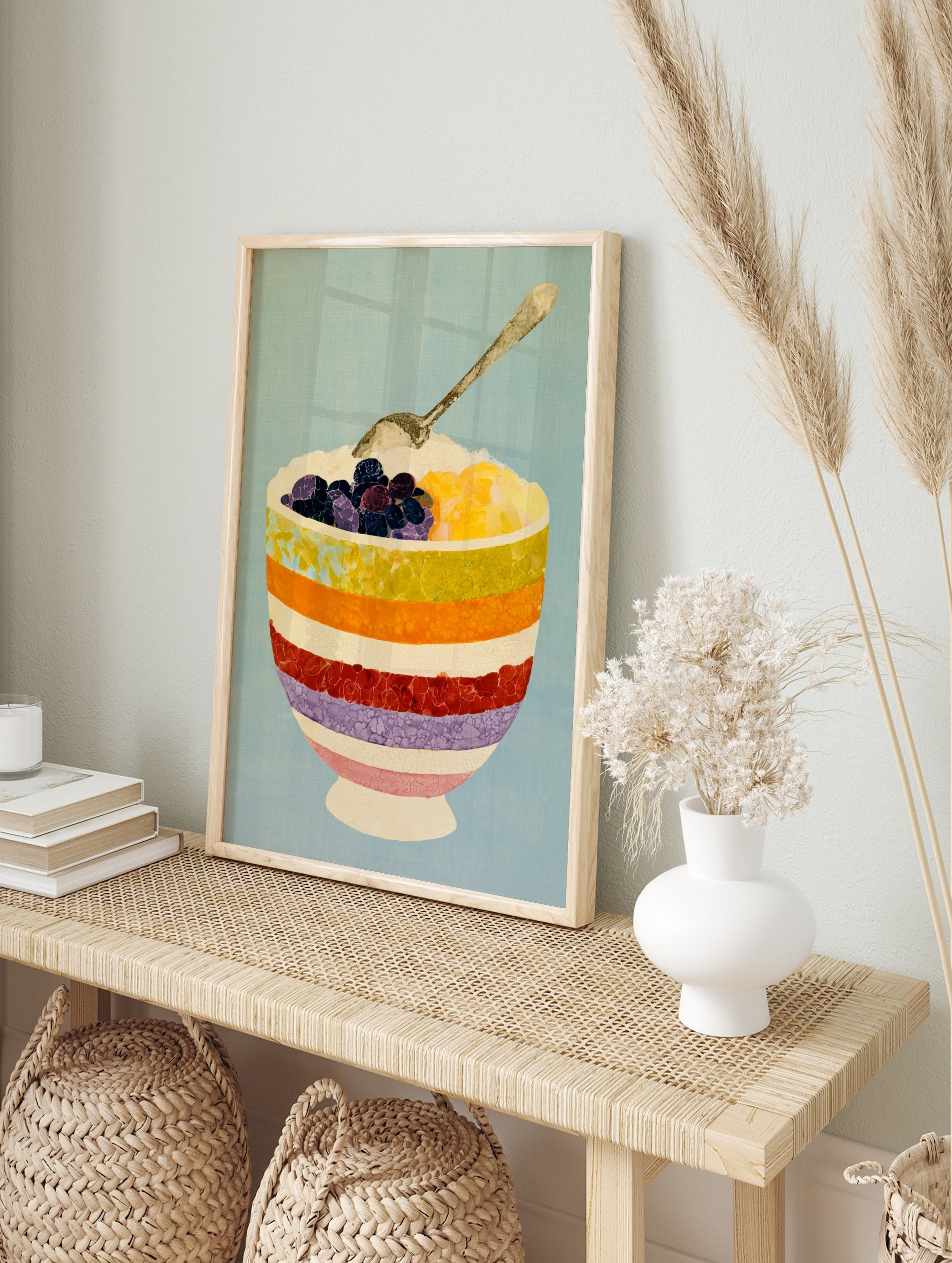 Illustrative art print of a striped bowl filled with berries and fruit, with a silver spoon, in an alternate framed mockup