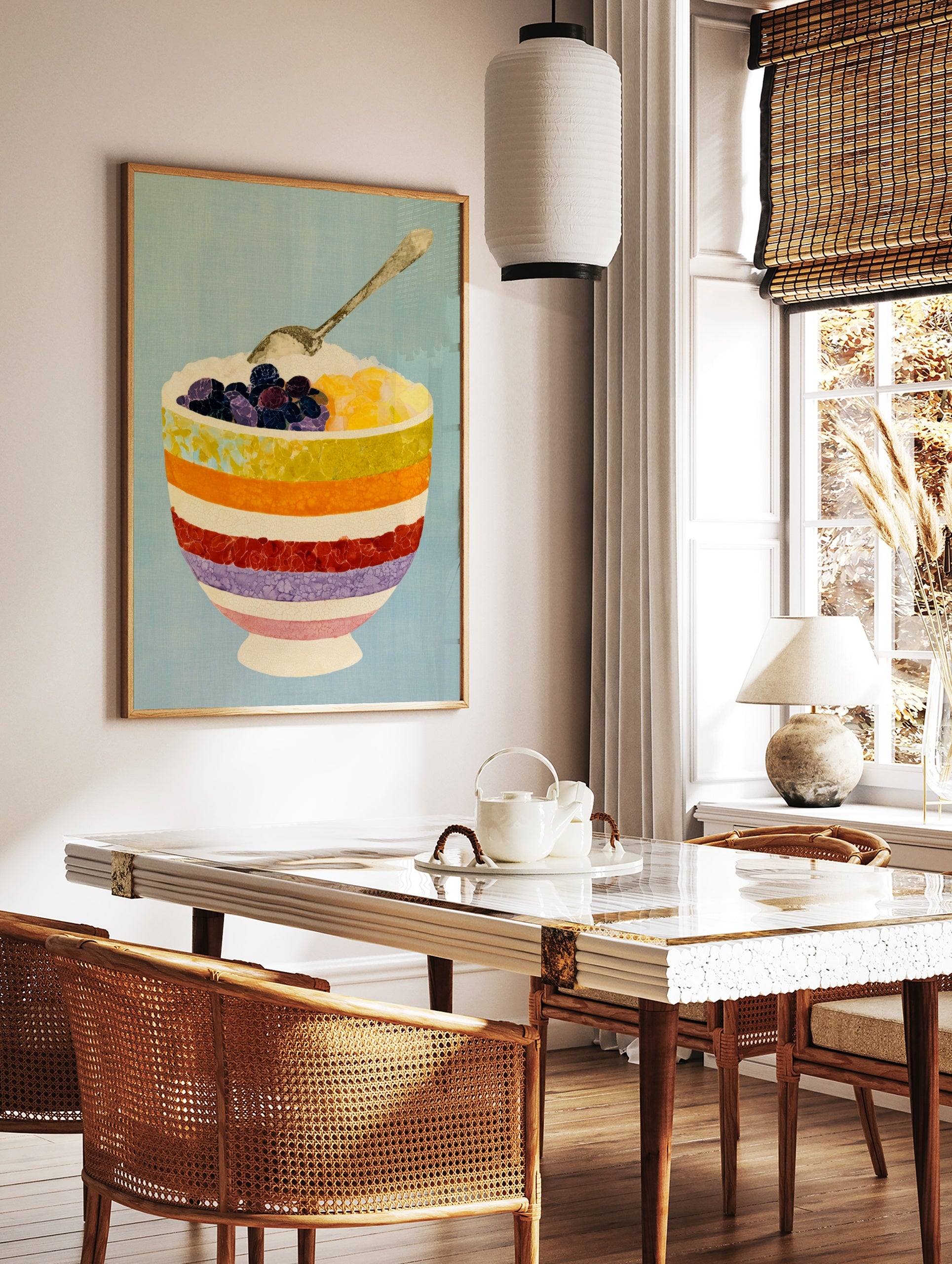 Illustrative art print of a striped bowl filled with berries and fruit, with a silver spoon, on a, in a styled room mockup