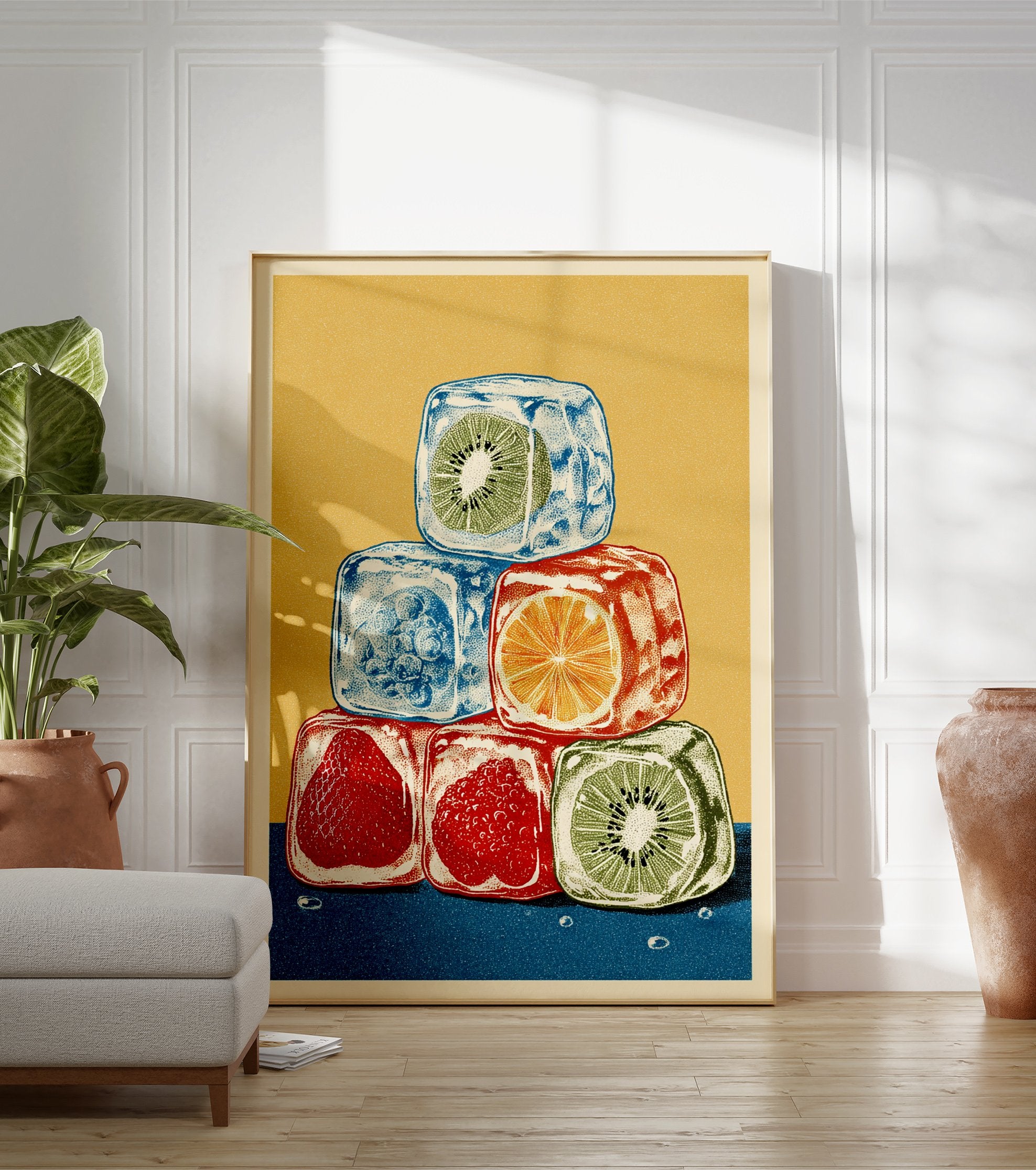 Colorful illustration of stacked fruit ice cubes with kiwi, strawberry, raspberry, blueberry, and orange slices on a yellow and blue background. - Image 3