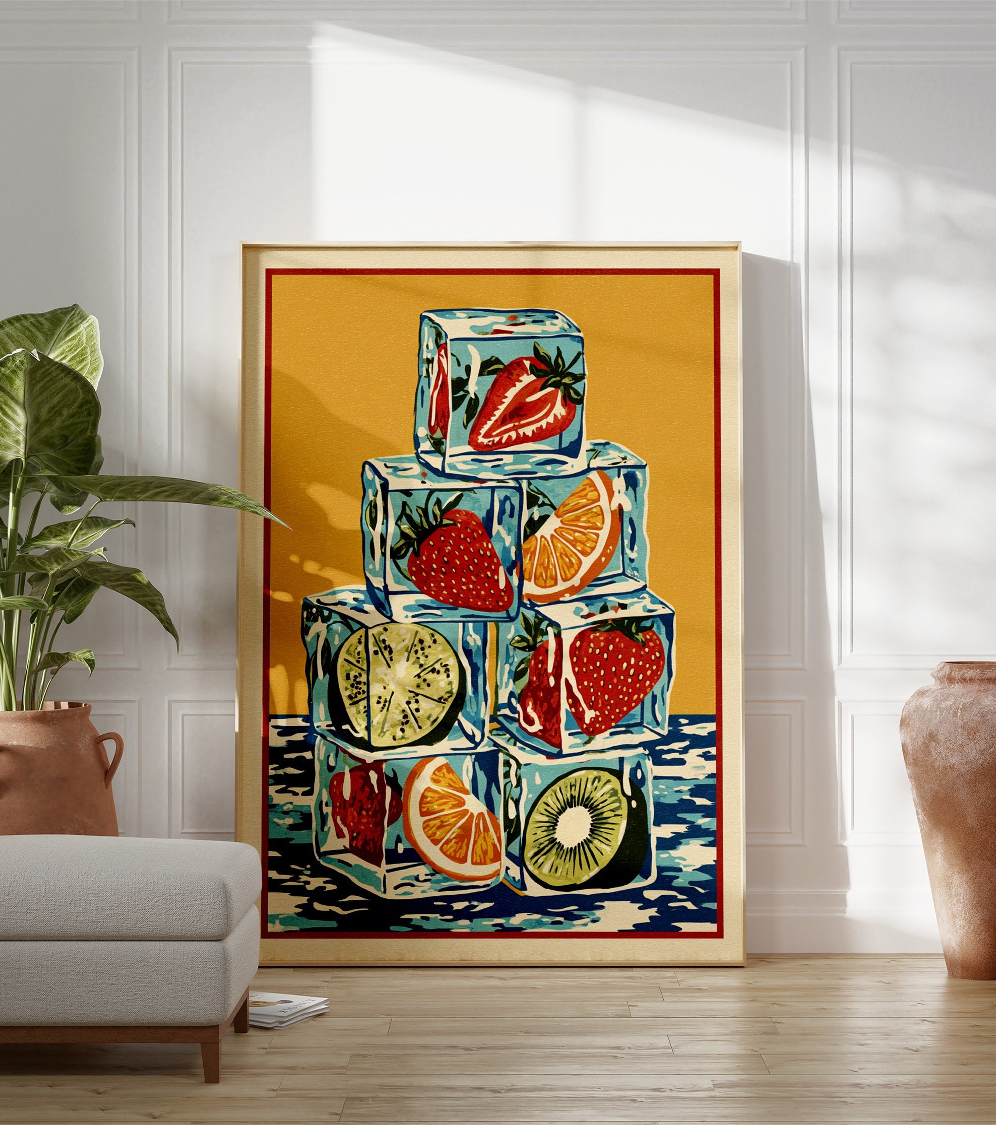 Colorful fruit ice cubes wall art illustration with strawberries, oranges, lime, and kiwi against a yellow background. - Image 3