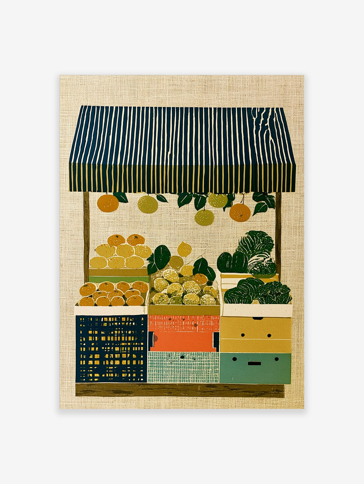 Colourful market stall poster with striped awning, citrus fruits, and vegetable crates