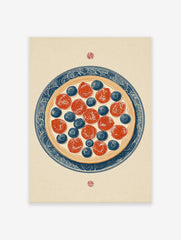 Fruit pizza wall art print featuring strawberries and blueberries on a blue and white decorative plate illustration