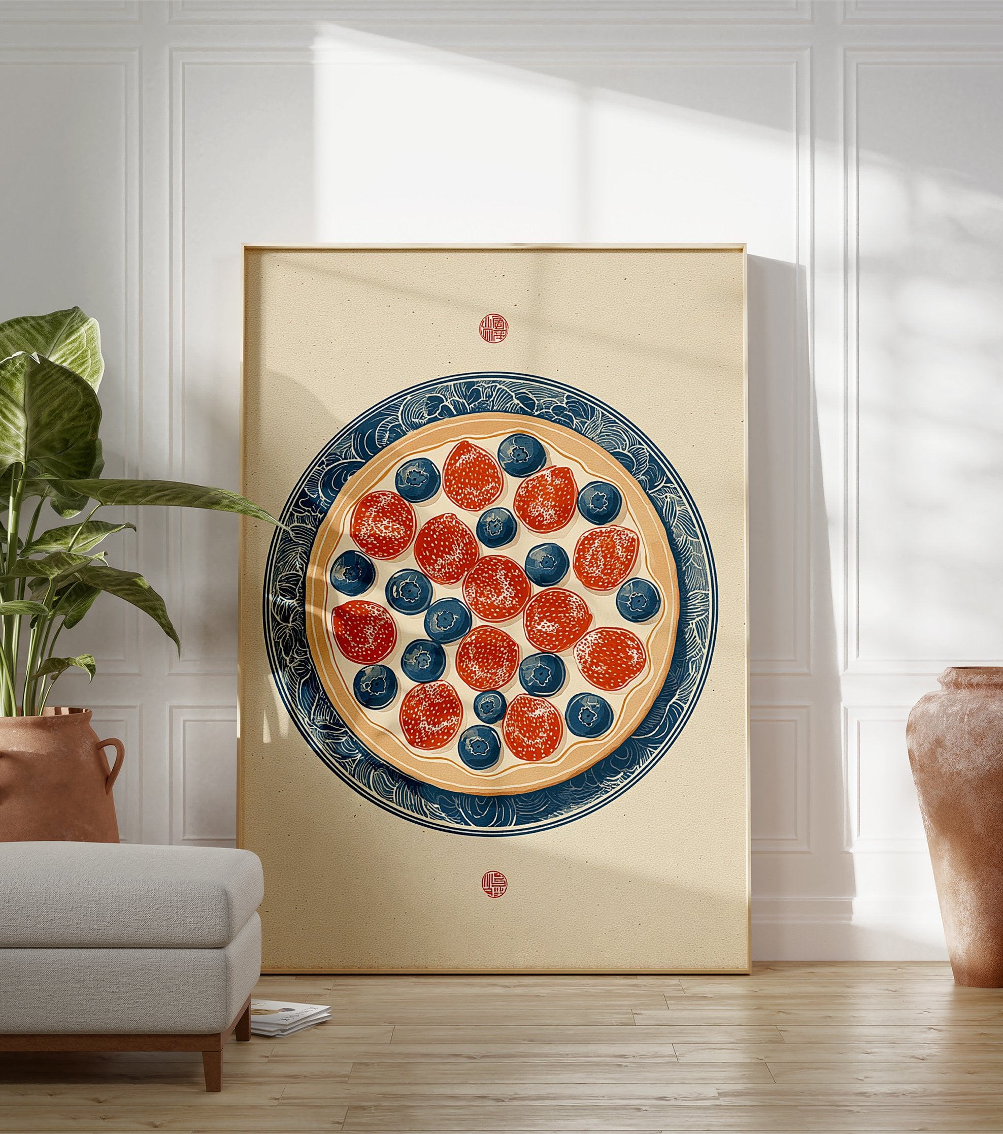 Fruit pizza wall art print featuring strawberries and blueberries on a blue and white decorative plate illustration - Image 3