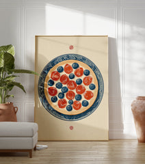 Fruit pizza wall art print featuring strawberries and blueberries on a blue and white decorative plate illustration - Image 3