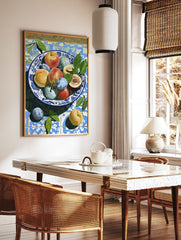 Colorful fruit still life painting in a blue and white bowl on patterned Mediterranean tiles with green leaves. - Image 3