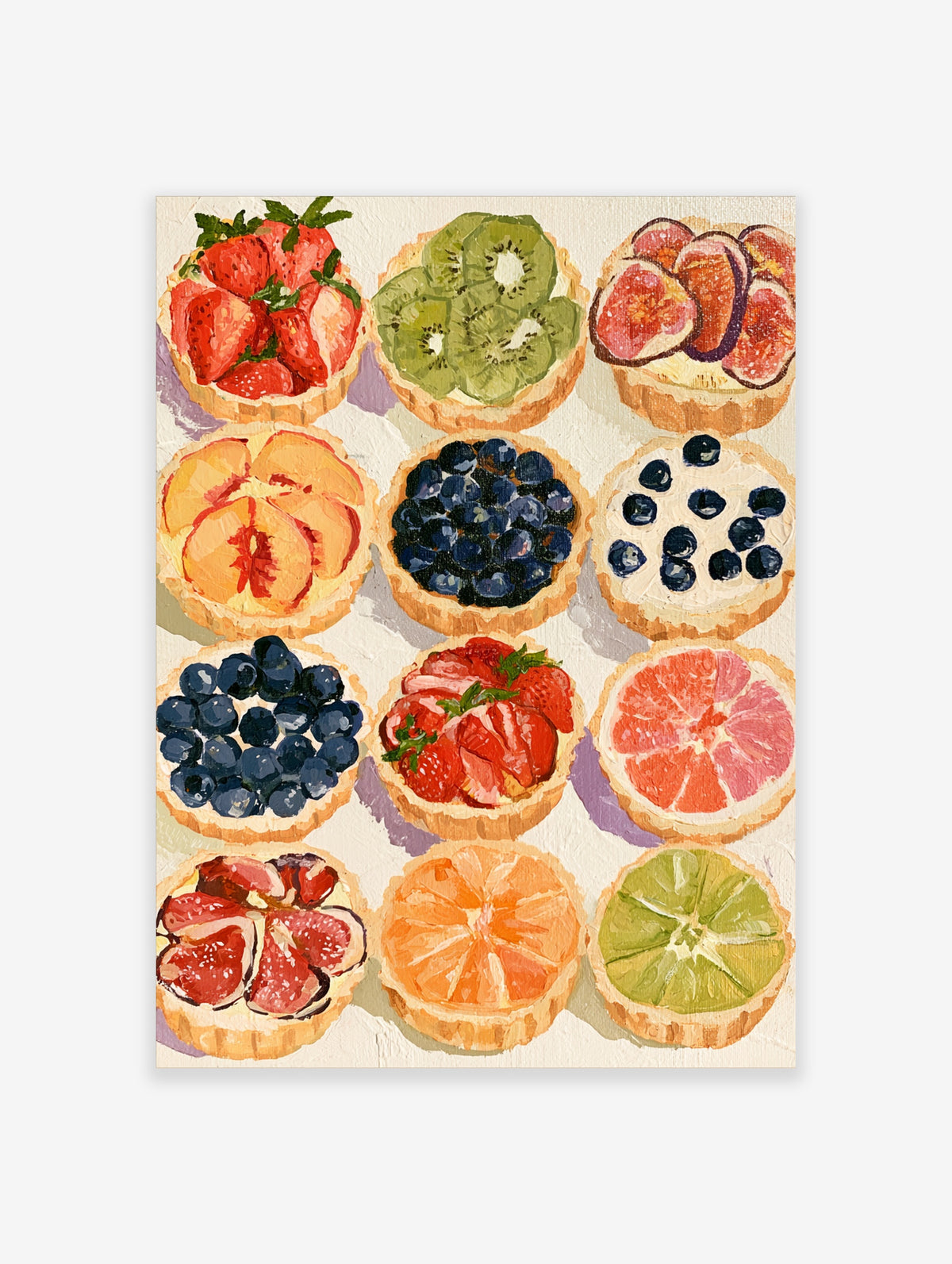 Colourful fruit tart poster with strawberry, kiwi, fig, peach, blueberry, grapefruit and lime pastries