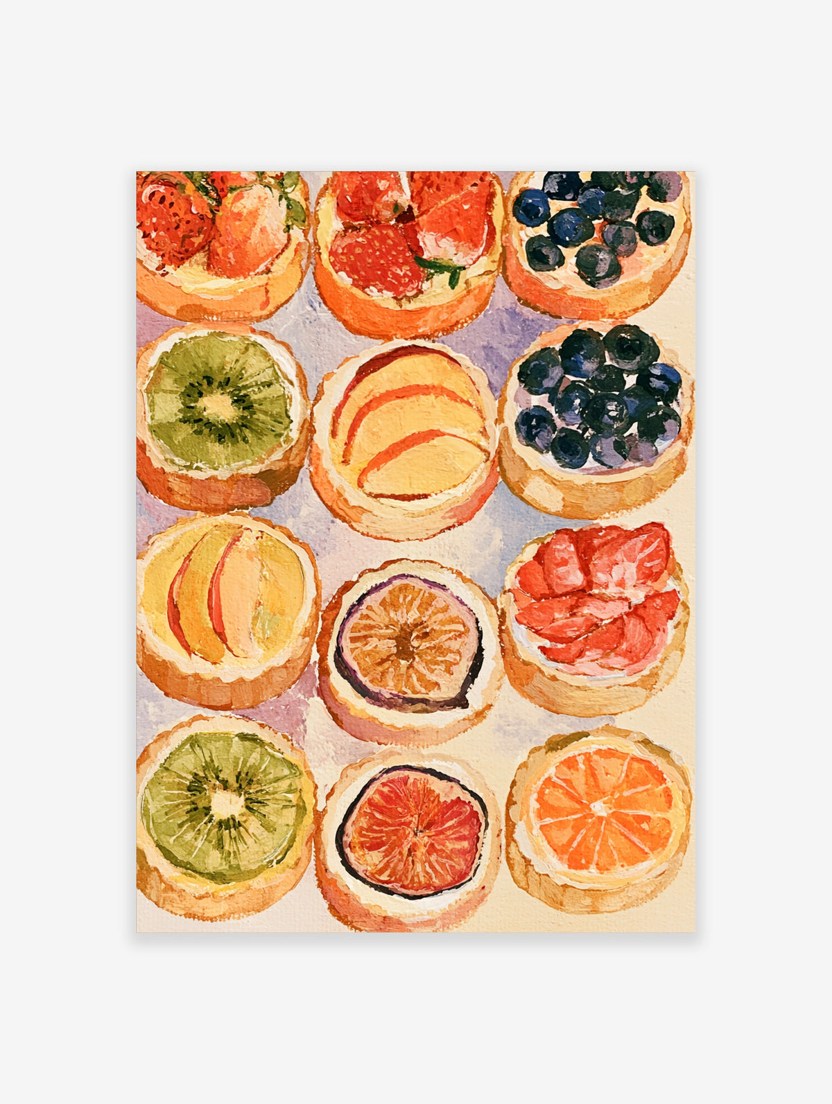 Watercolour fruit tart poster with kiwi, blueberry, orange and strawberry tarts on lilac background