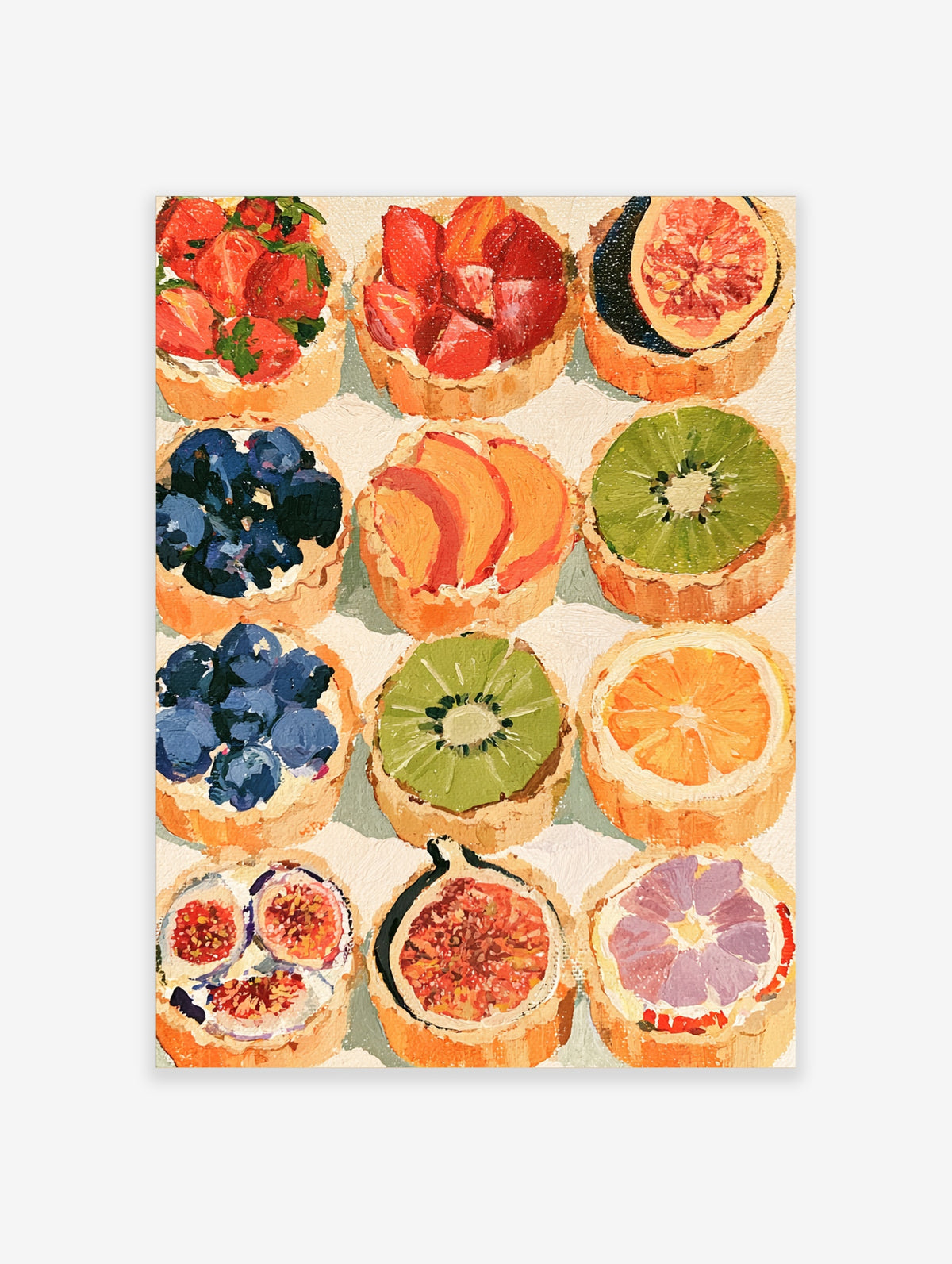 Colourful fruit tart wall art print with strawberry, blueberry, kiwi and orange pastries in painted style
