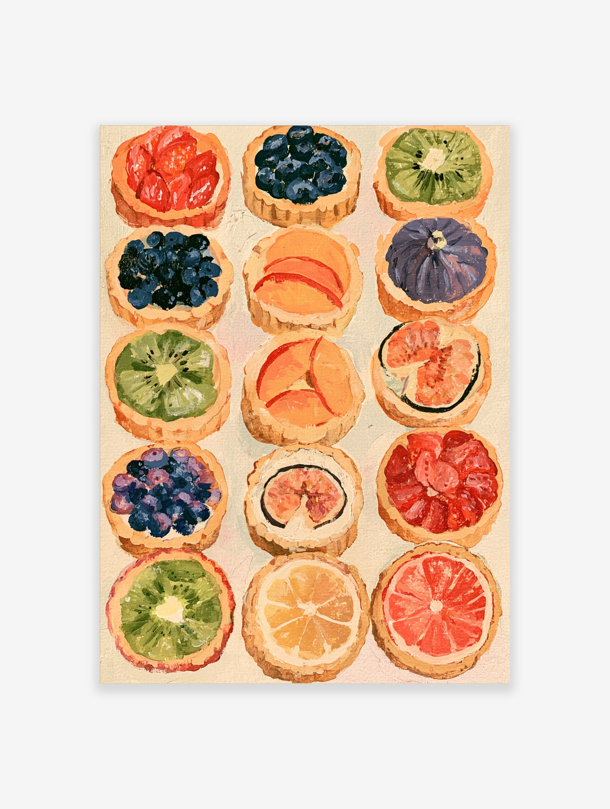 Colourful fruit tart wall art print with strawberry, blueberry, kiwi, peach and citrus pastries
