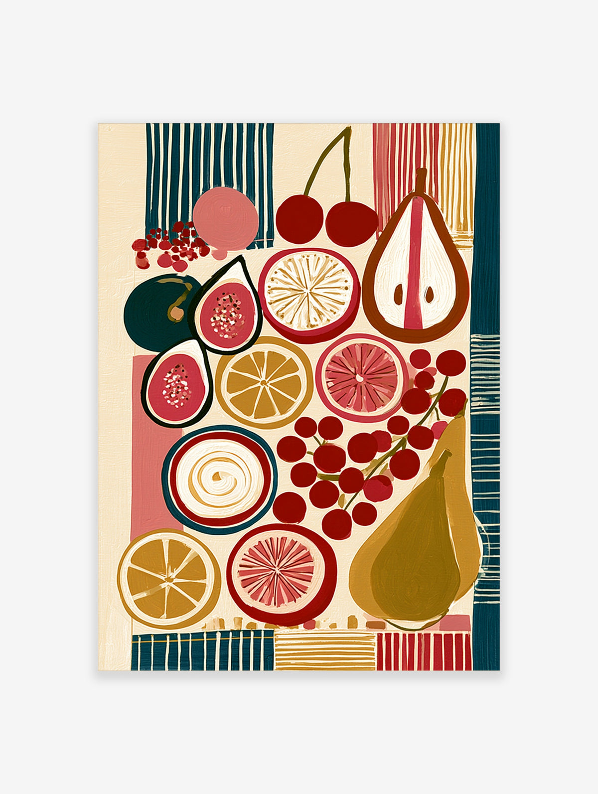 Colourful fruit wall art print with pears, cherries, citrus slices, and berries on cream background with striped borders