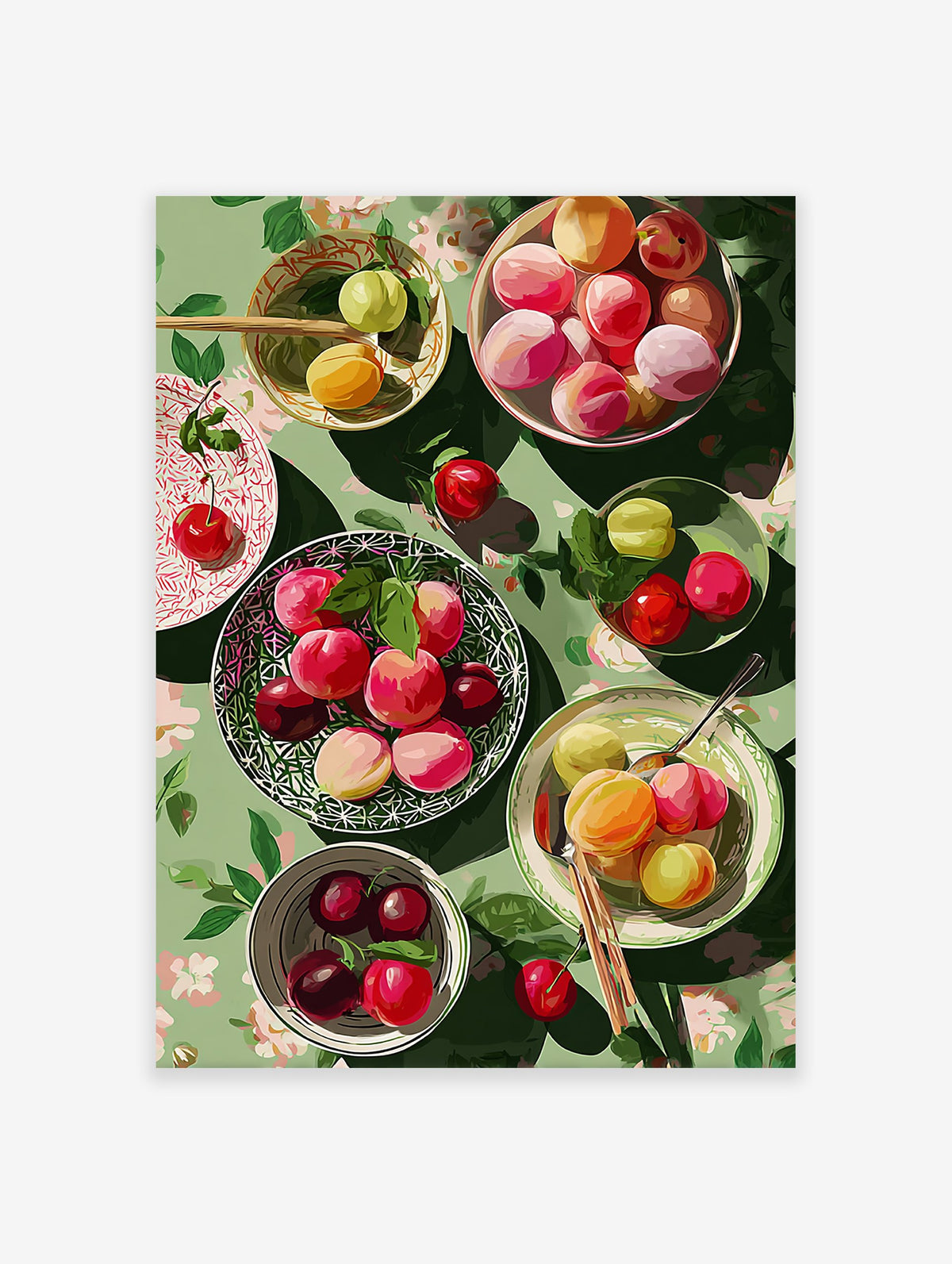 Vibrant fruit wall art illustration showing colorful plums and cherries in bowls on a green floral tablecloth, top-down view.