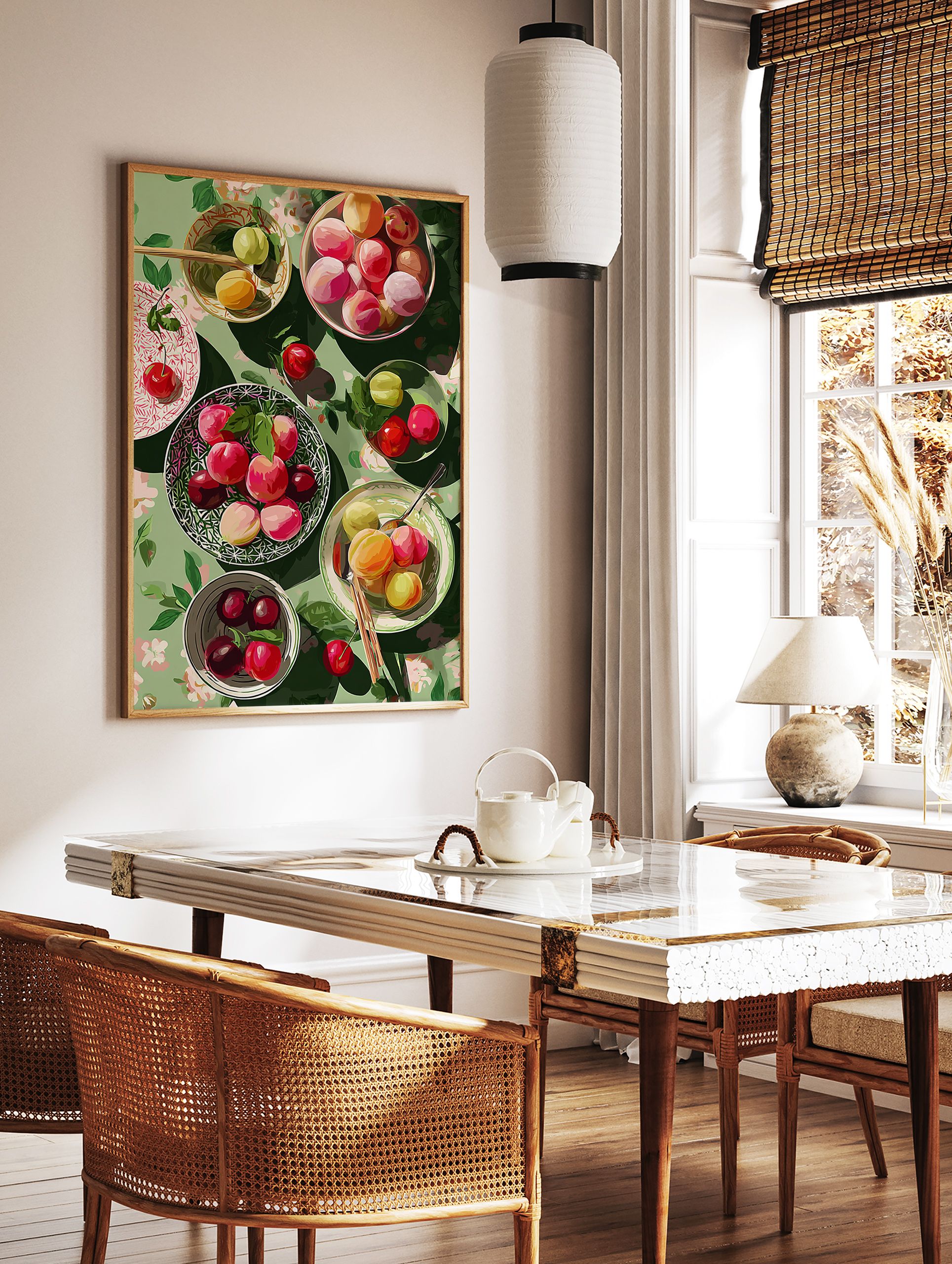 Vibrant fruit wall art illustration showing colorful plums and cherries in bowls on a green floral tablecloth, top-down view. - Image 2