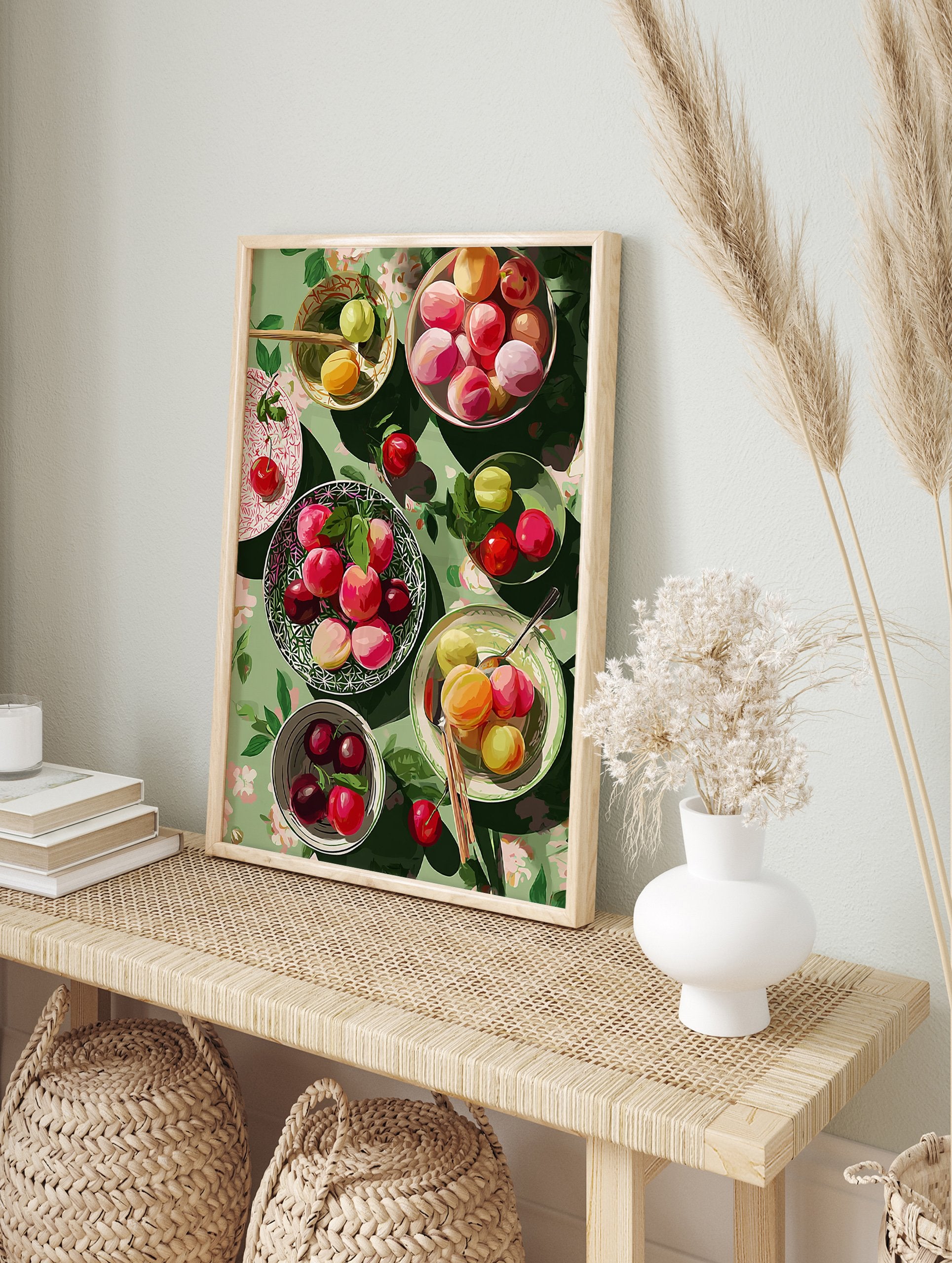 Vibrant fruit wall art illustration showing colorful plums and cherries in bowls on a green floral tablecloth, top-down view. - Image 3