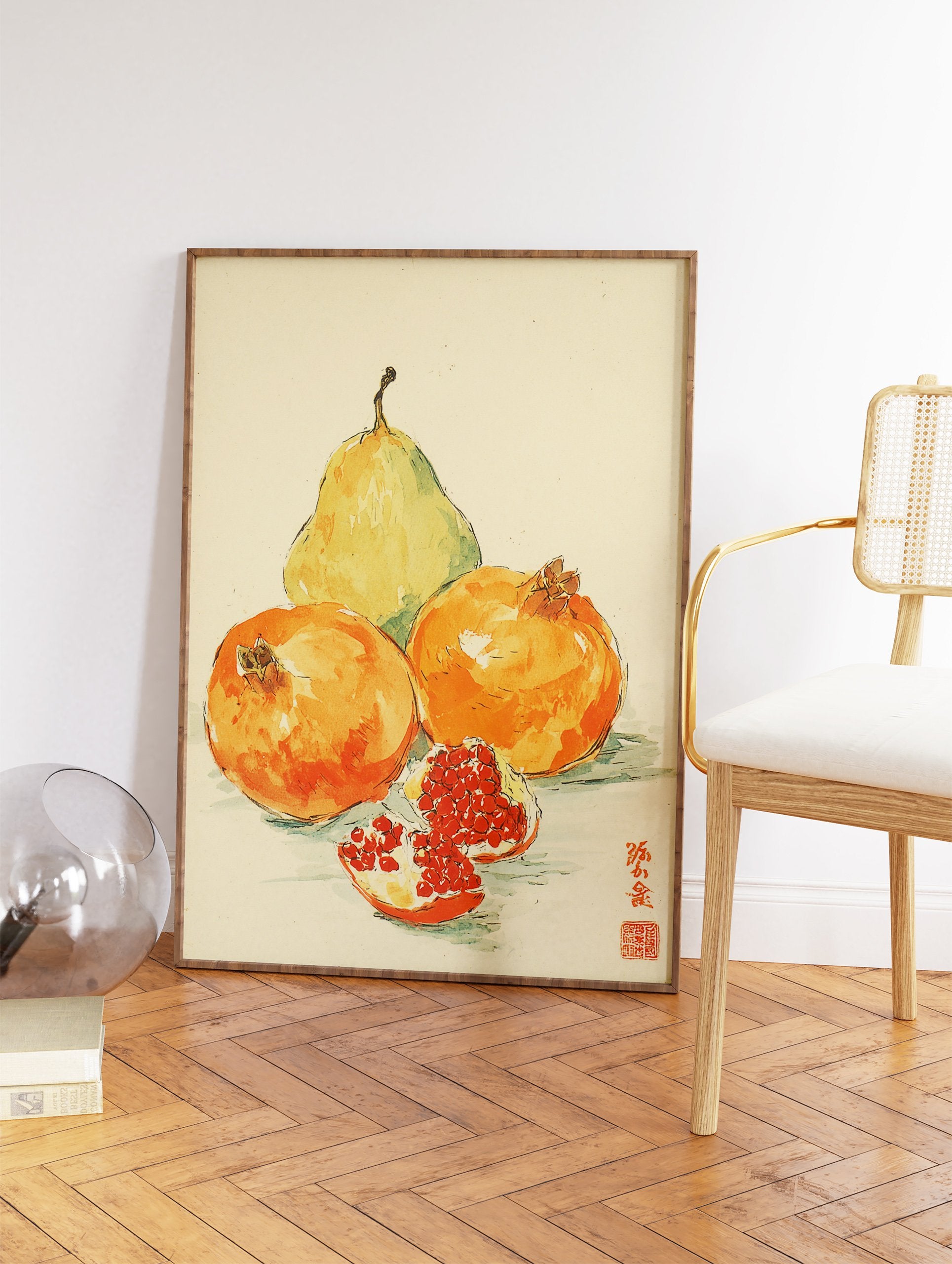 Watercolor fruit wall art showing a green pear and two orange pomegranates, one cut open, with Japanese calligraphy. - Image 2