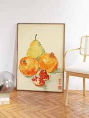 Watercolor fruit wall art showing a green pear and two orange pomegranates, one cut open, with Japanese calligraphy. - Image 2