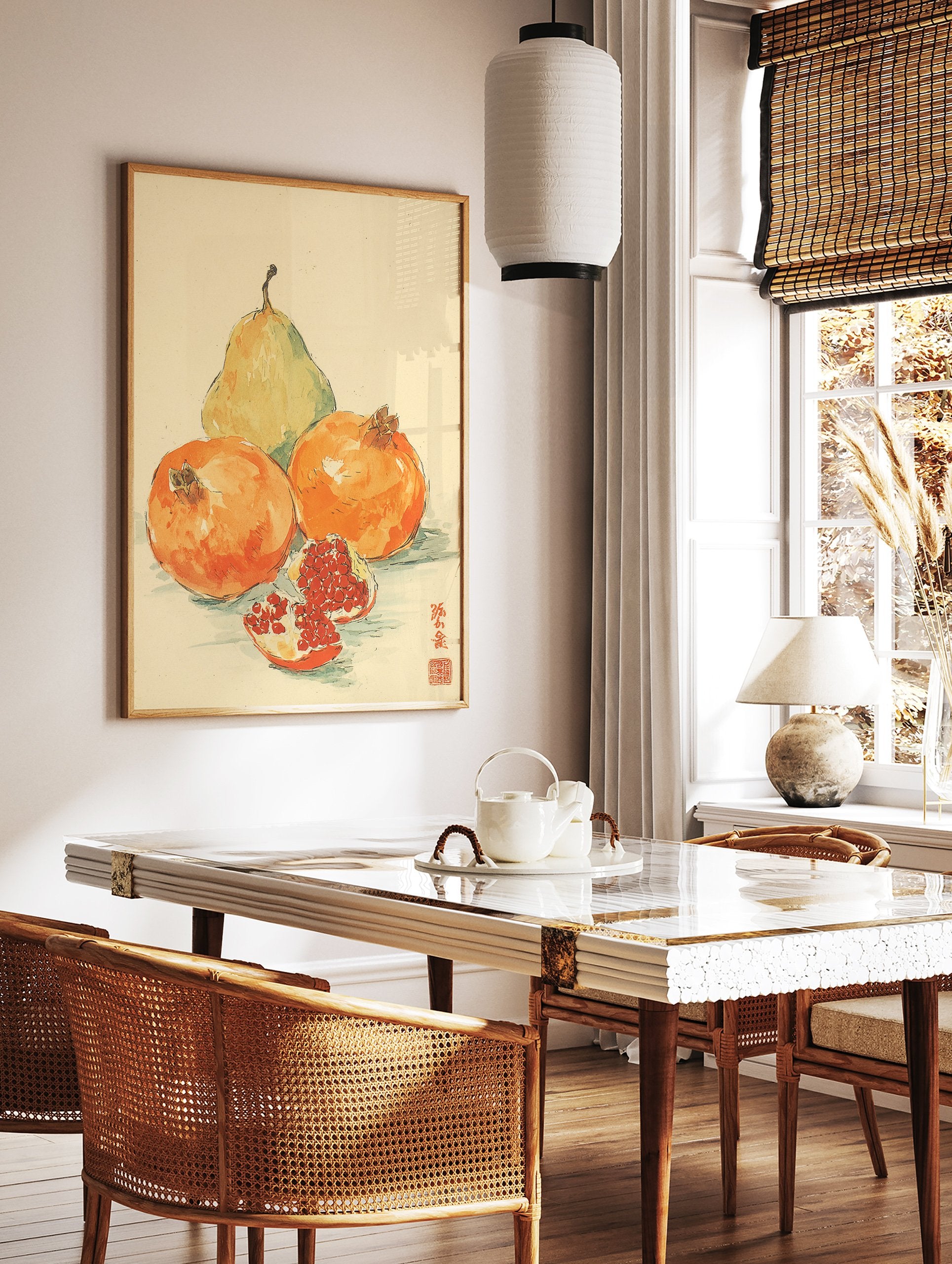 Watercolor fruit wall art showing a green pear and two orange pomegranates, one cut open, with Japanese calligraphy. - Image 3