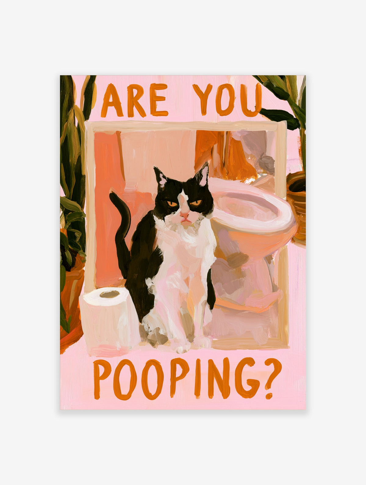 Funny cat bathroom poster with black and white cat, toilet roll, and orange Are You Pooping? text on pink background