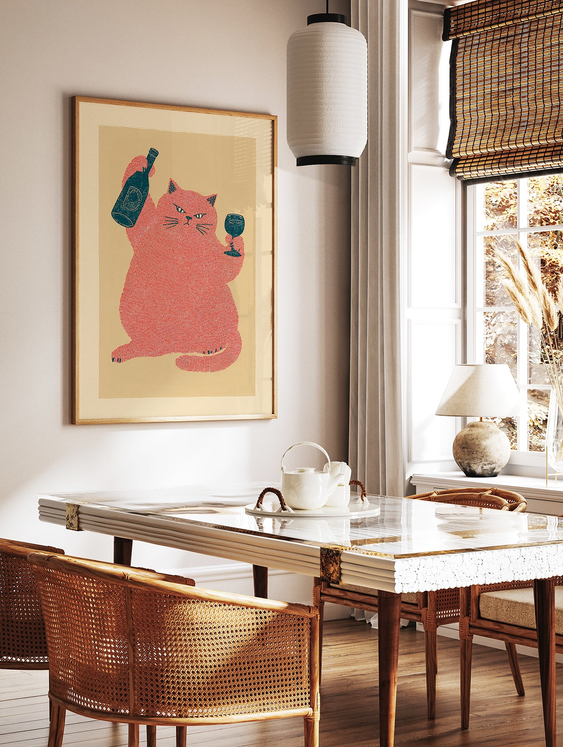 Humorous red cat wall art illustration holding a wine bottle and glass on a light yellow background. - Image 2